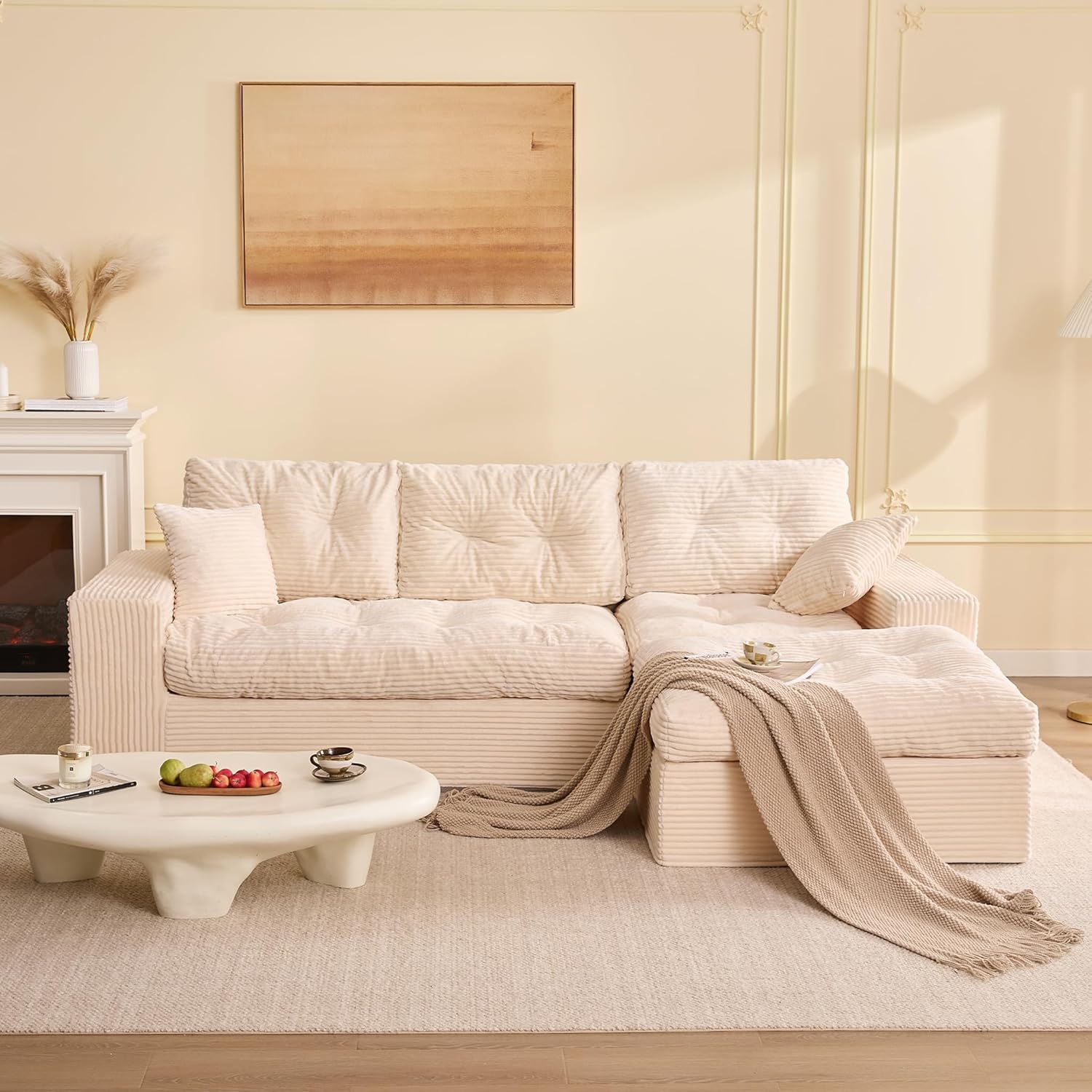 Canapé d'angle modulable Litbird – 3 places + pouf – Velours côtelé beige – Sans montage