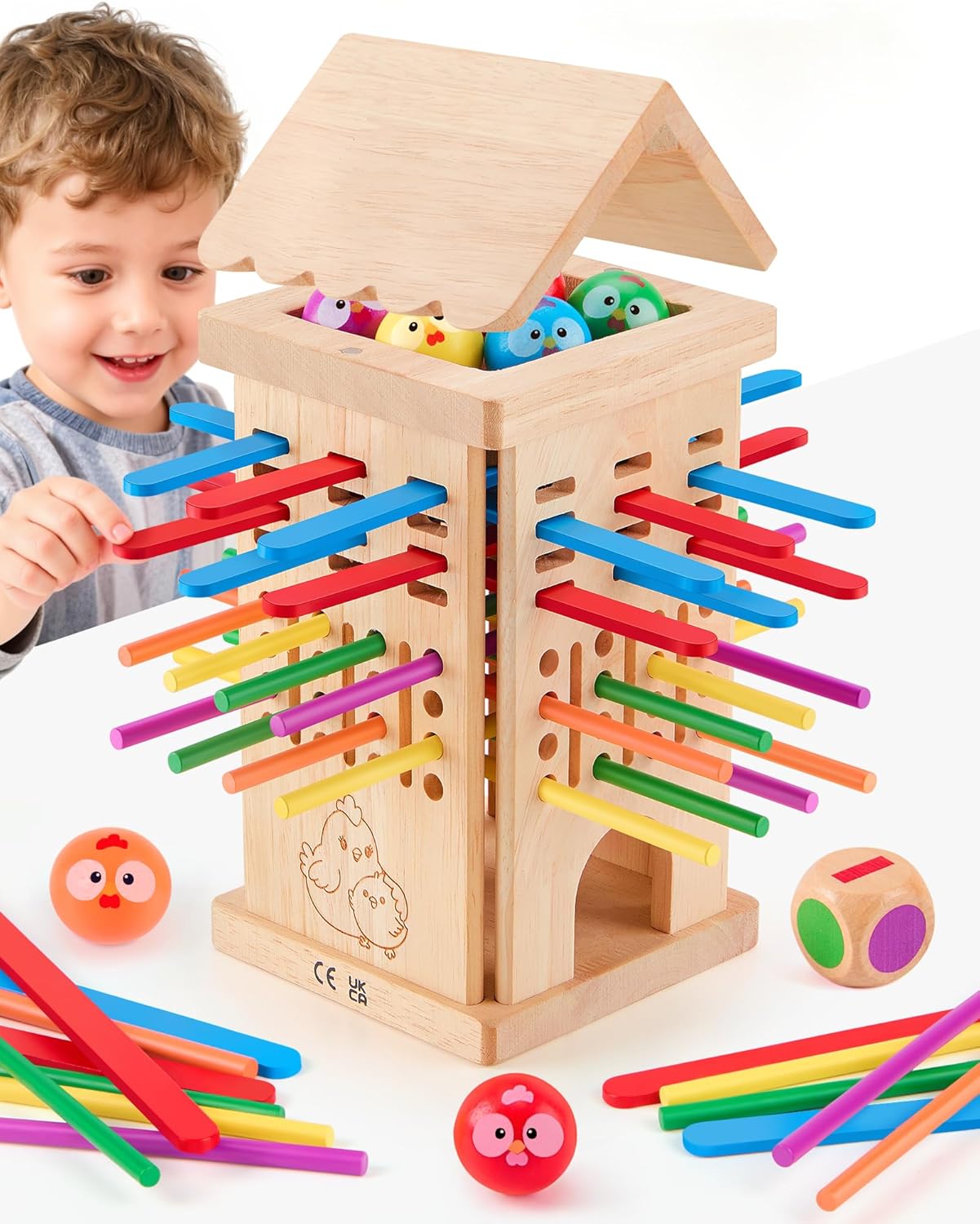 Wooden Board Game for Children 3-6 Years - Chicken Coop Game with Dice, Sticks and Chick Ball - Family Game Balance and Concentration - Boy Girl Birthday Gift