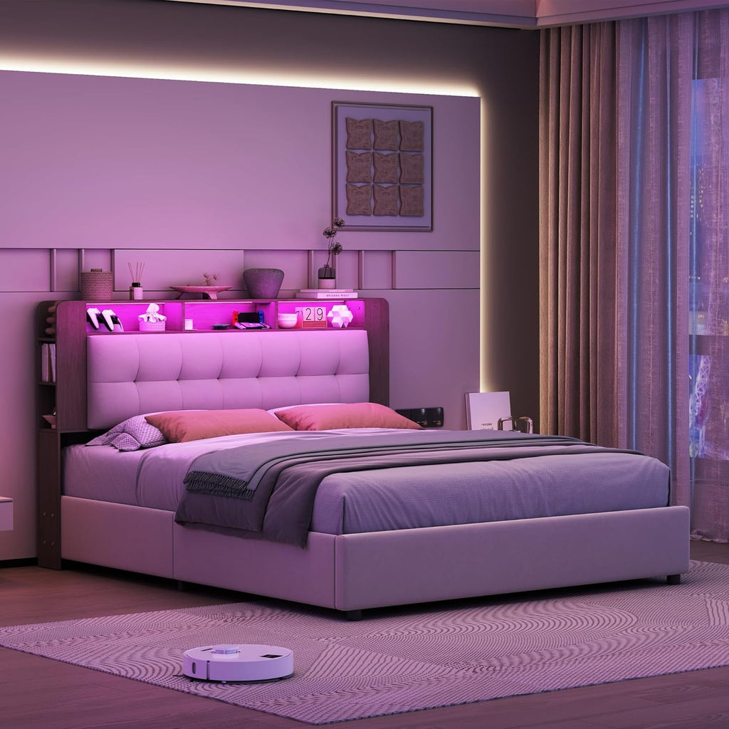 Lit Coffre LED RGB & Port USB | Rangement Hydraulique | Tête de Lit Rembourrée avec Étagères | 90 à 160 x 200 cm