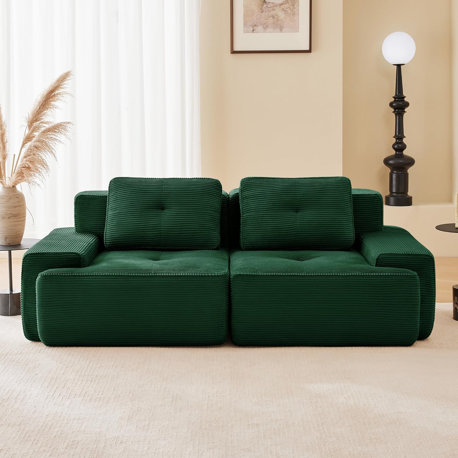 Canapé modulable en L Bladez – 3+1 places – Tissu côtelé kaki clair – Assise profonde
