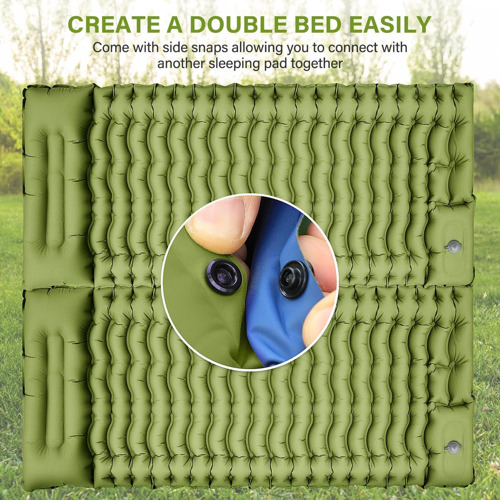FUN PAC Ultralichte campingmatras met kussen, geïntegreerde voetpomp, compacte opblaasbare slaapmat voor kamperen, wandelen, reizen, tent, blauw en groen, 27 x 7,6 x 9,9 cm