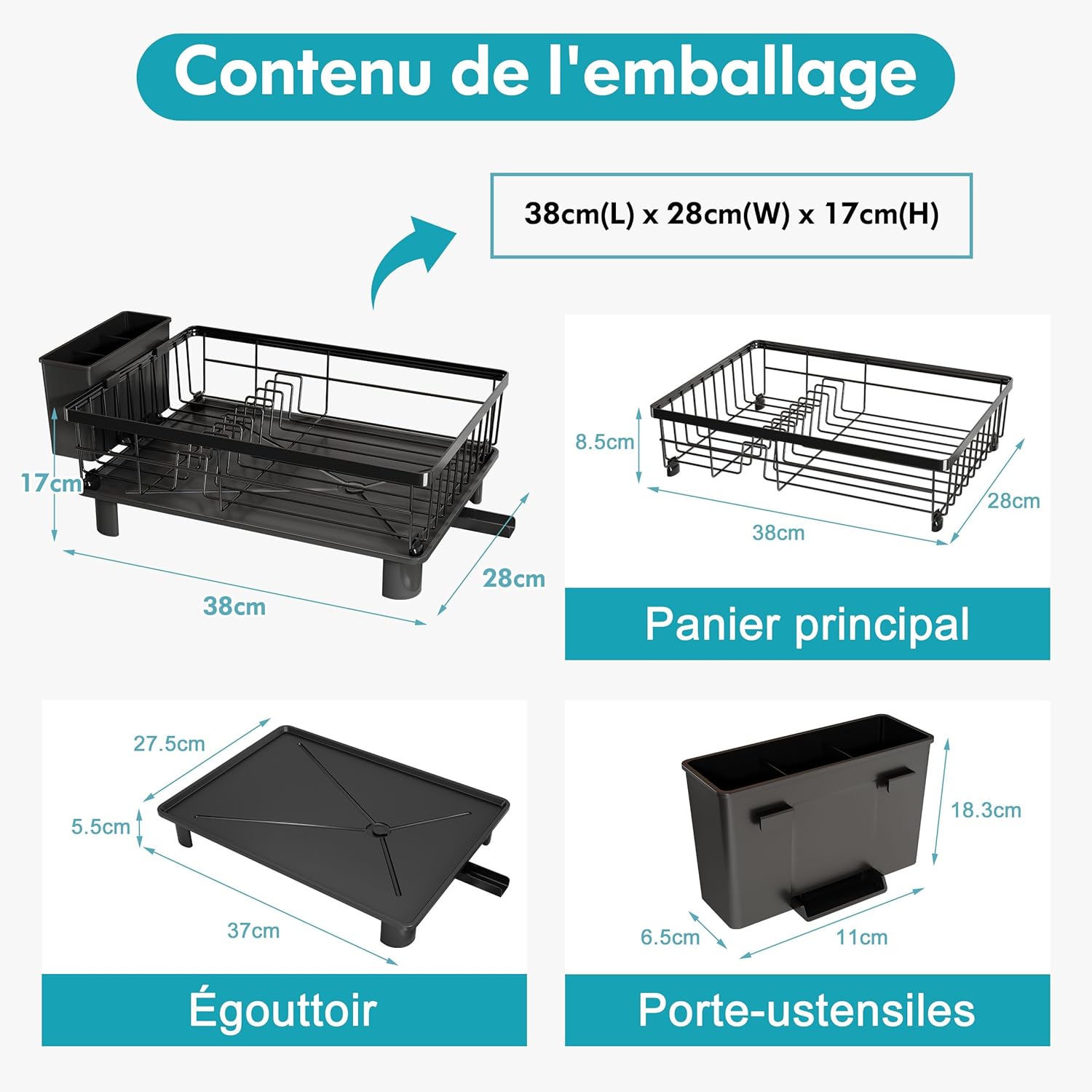 Égouttoir à Vaisselle MAJALiS Noir – Inox, Drainage Auto 360°, Porte-ustensiles, 38 x 28 cm