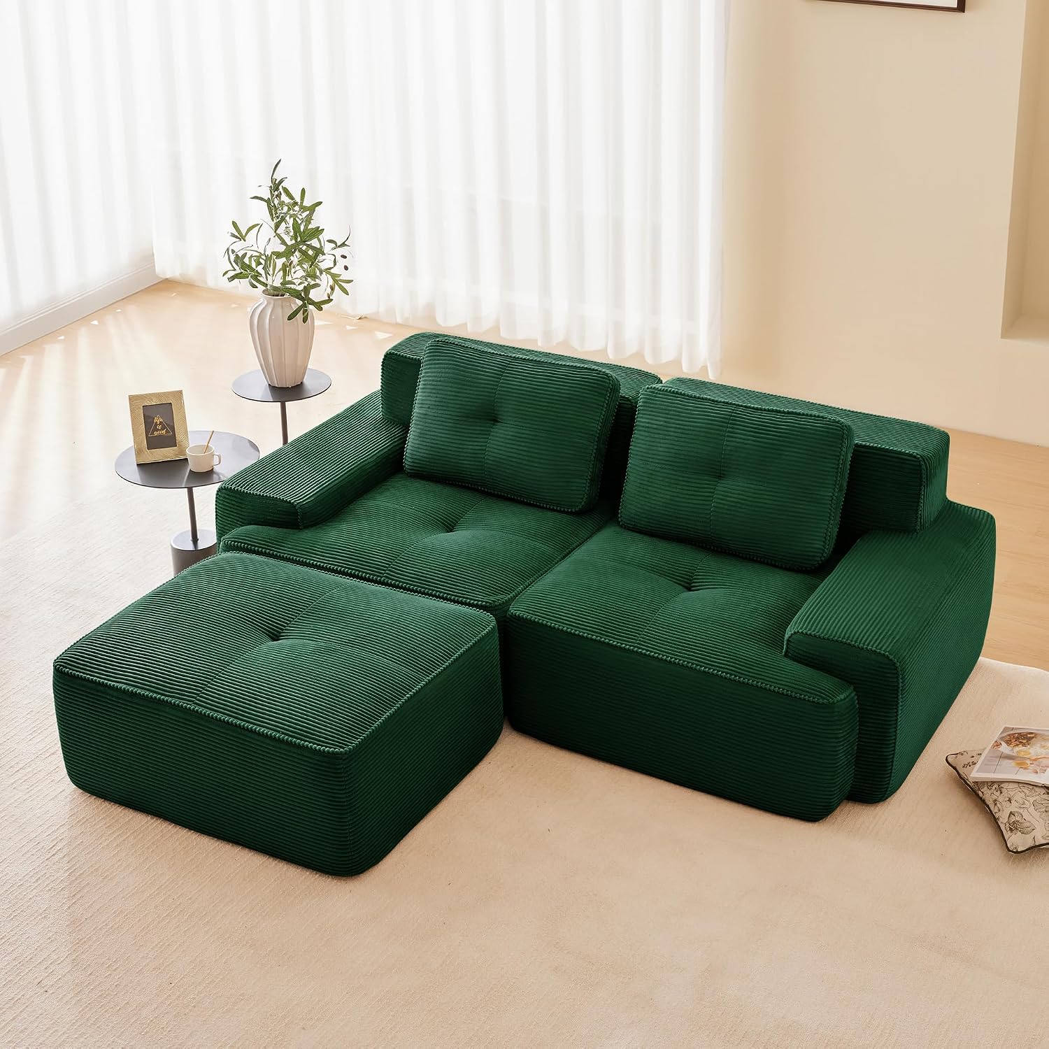 Canapé modulable en L Bladez – 3+1 places – Tissu côtelé kaki clair – Assise profonde