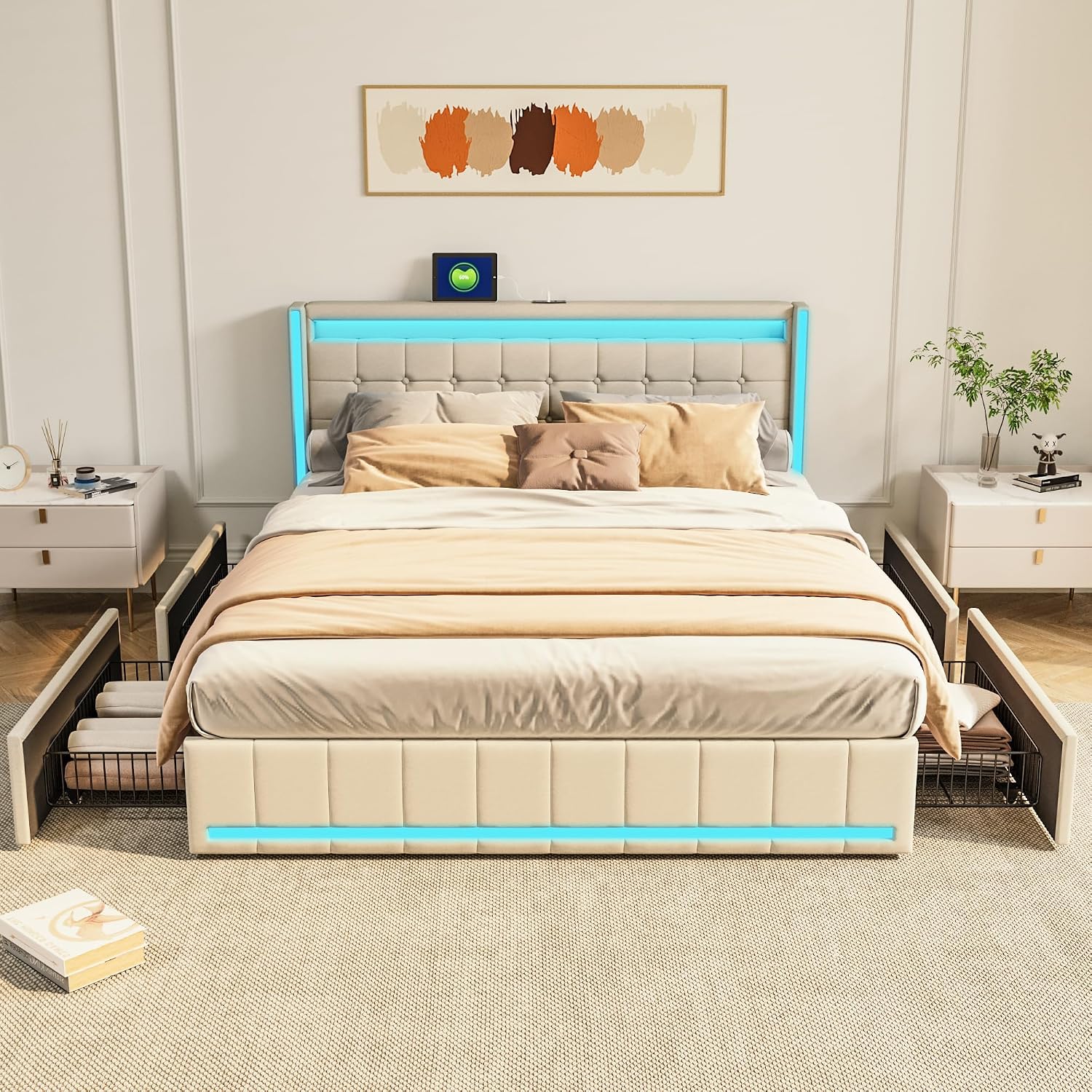 Lit Double 140x200 cm – 4 Tiroirs de Rangement, Éclairage LED +6000 Couleurs & Tête de Lit Réglable en PU