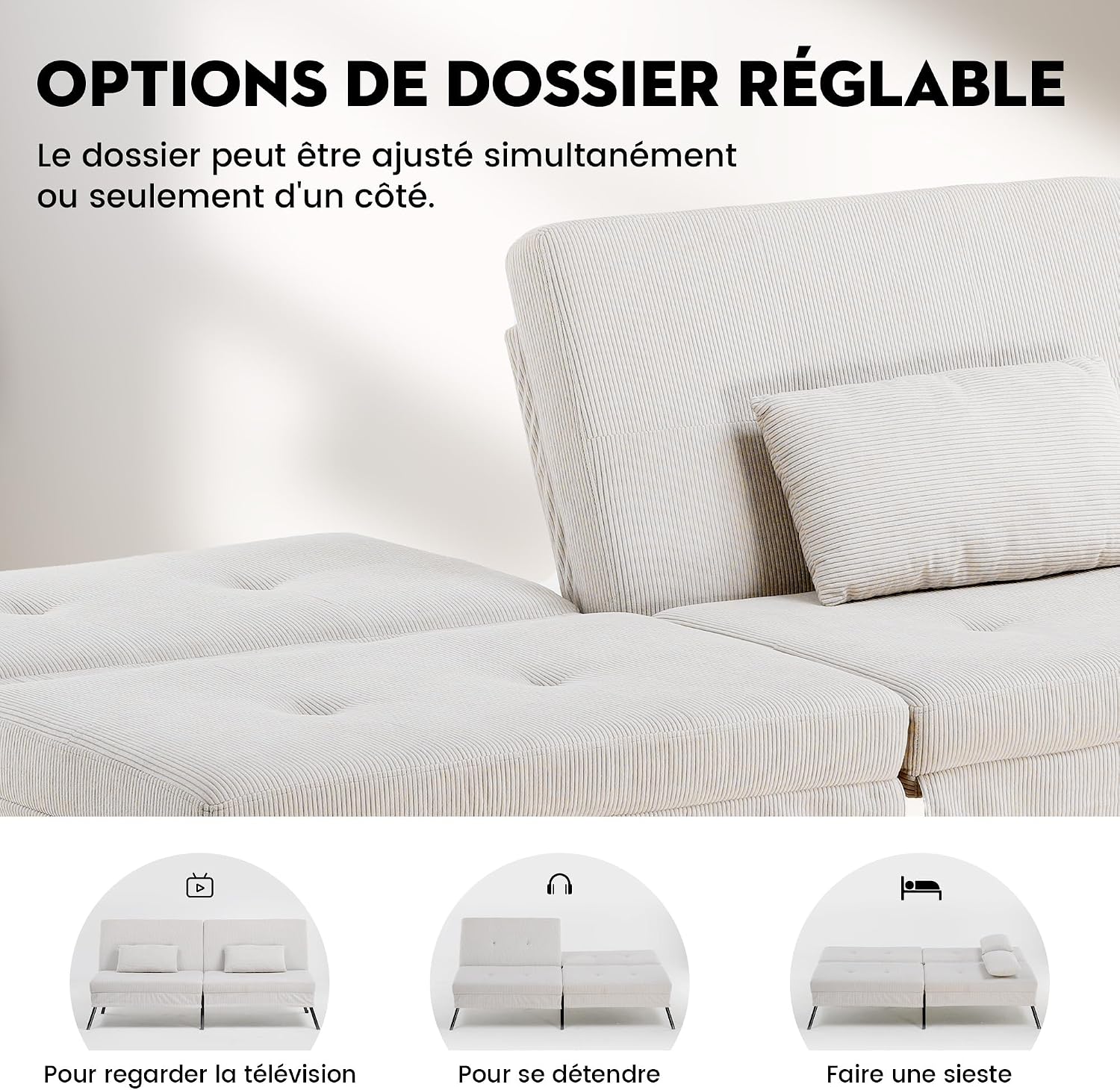 Canapé-lit convertible COMHOMA – 3 places – Tissu gris – Dossier ajustable