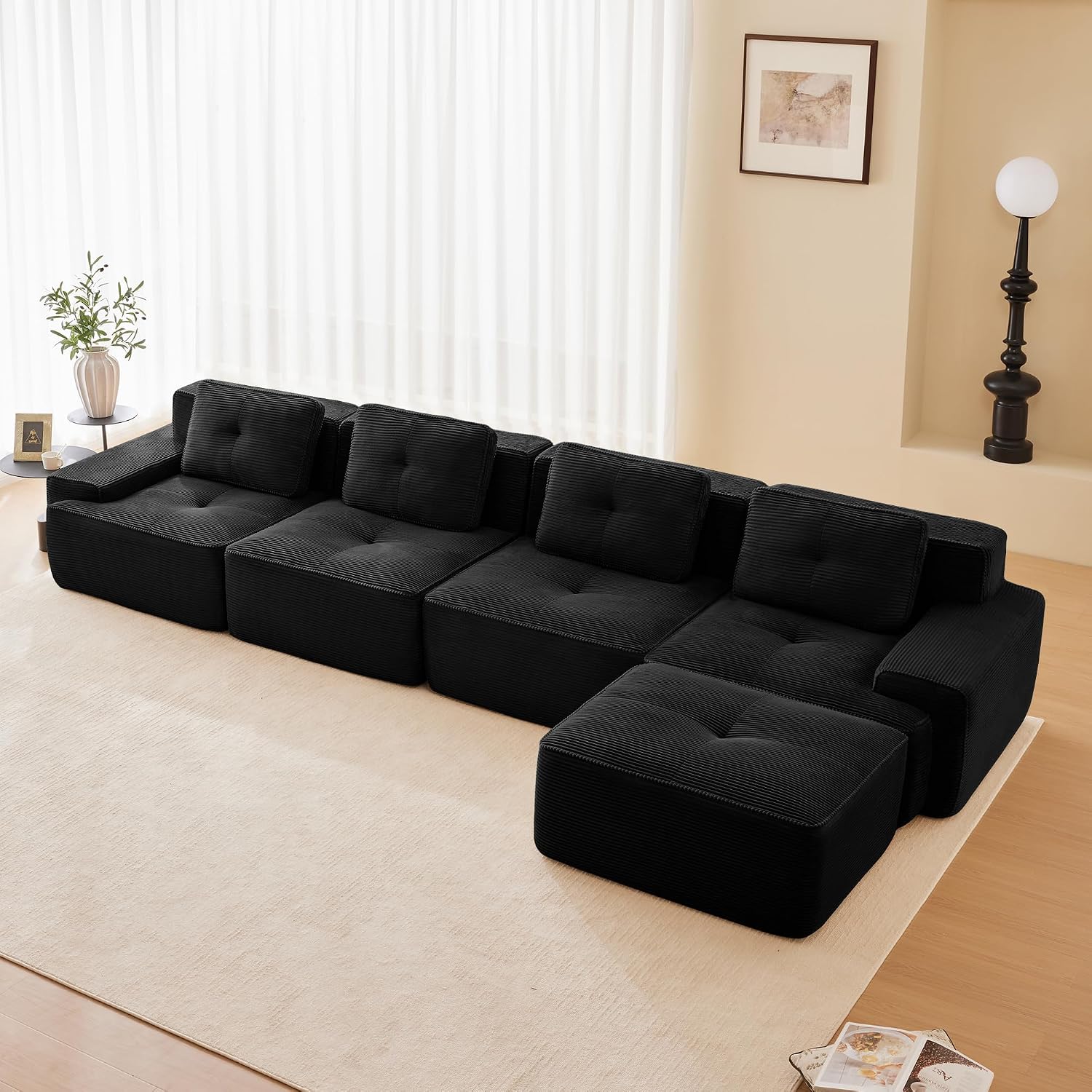 Canapé modulable en L Bladez – 3+1 places – Tissu côtelé kaki clair – Assise profonde