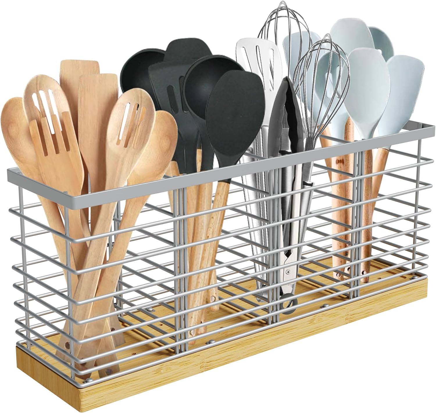 Porte-Ustensiles Suli 4 Compartiments – Métal Noir Mat & Base Bois, 40 x 11 cm, Style Rustique