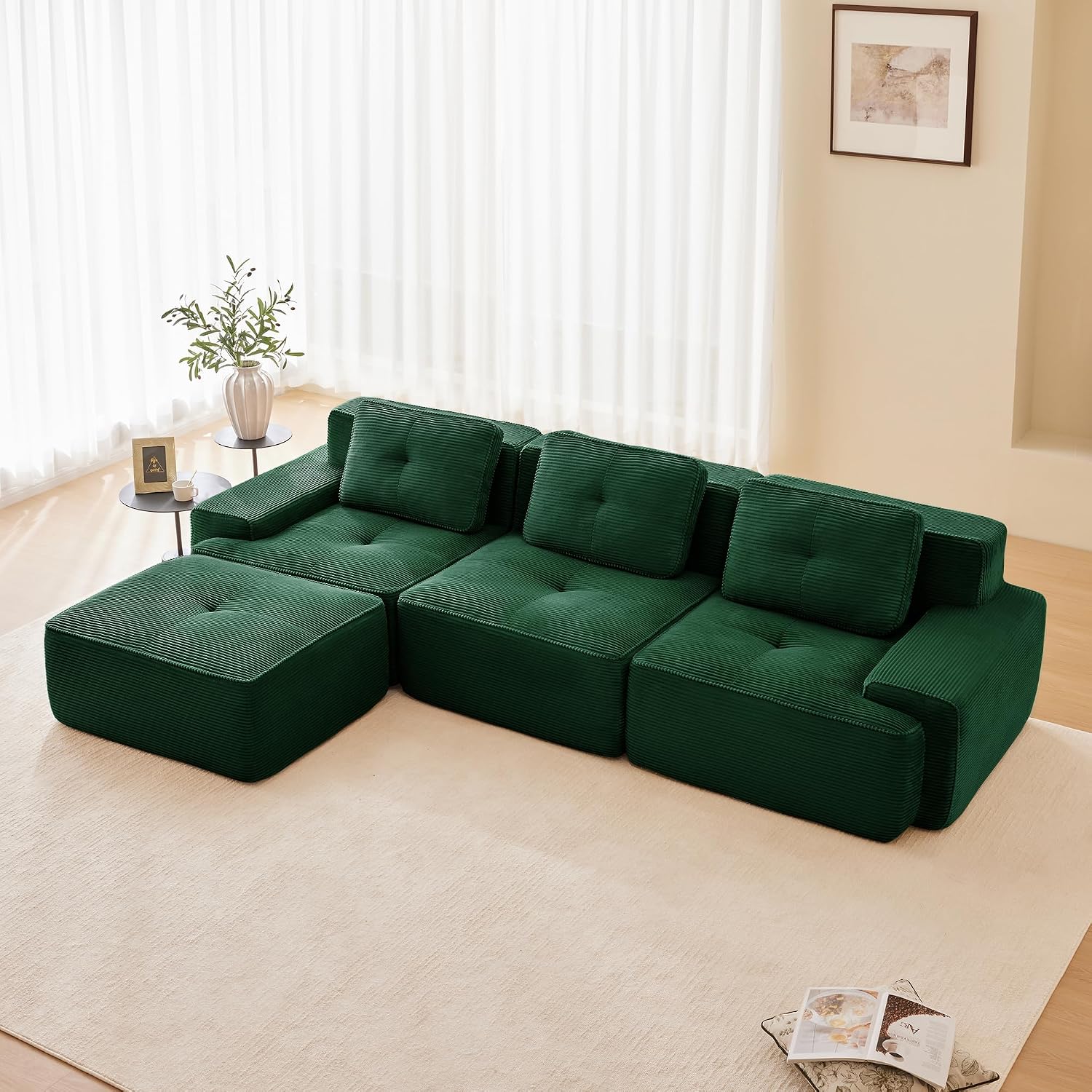 Canapé modulable en L Bladez – 3+1 places – Tissu côtelé kaki clair – Assise profonde
