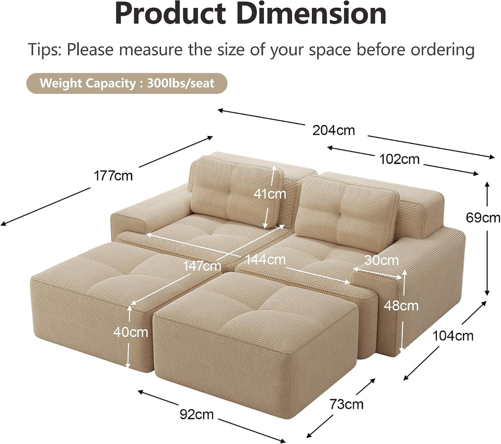 Canapé modulable en L Bladez – 3+1 places – Tissu côtelé kaki clair – Assise profonde