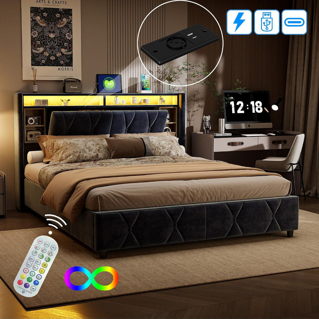 Lit Coffre LED RGB & Port USB | Rangement Hydraulique | Tête de Lit Rembourrée avec Étagères | 90 à 160 x 200 cm