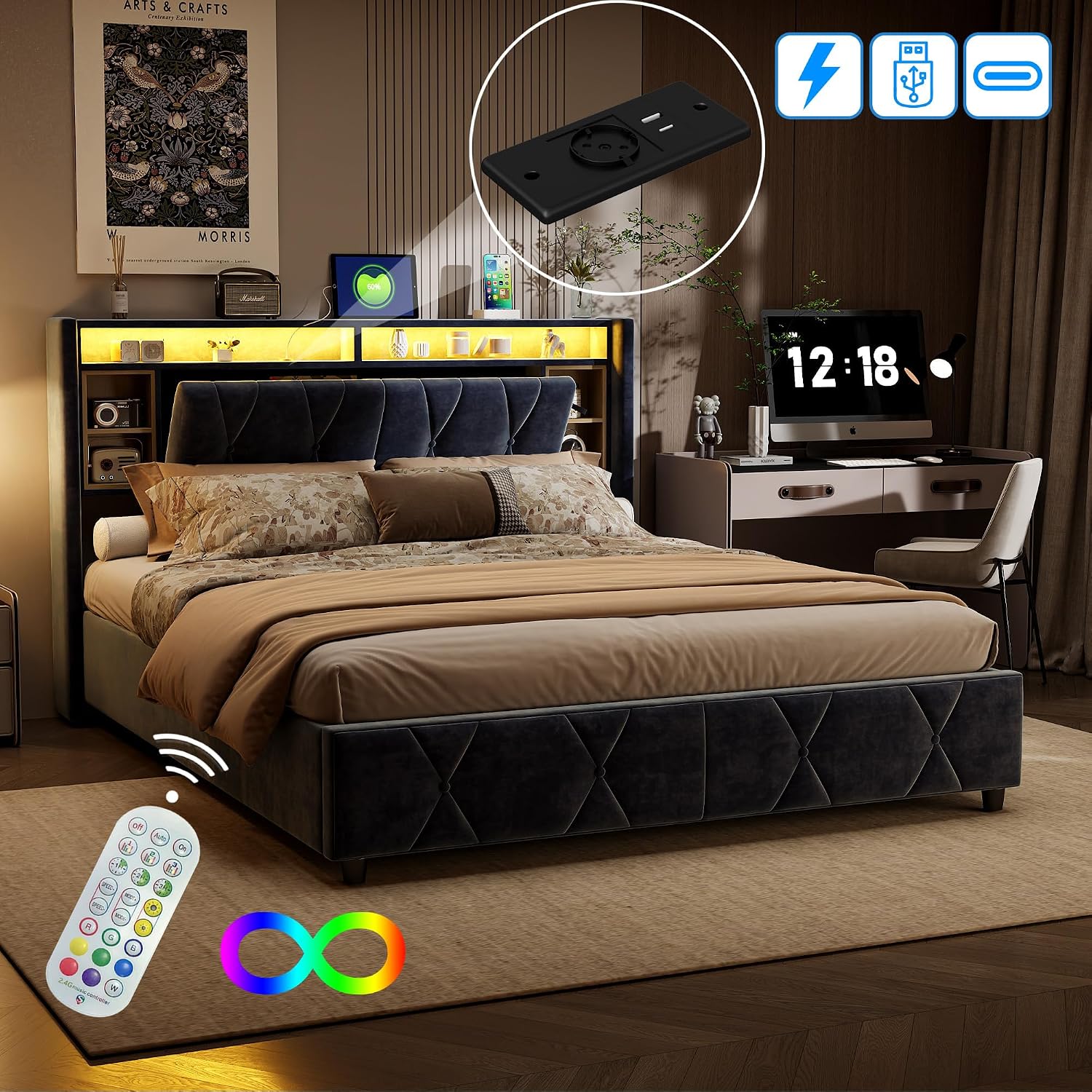 Lit Coffre LED RGB & Port USB | Rangement Hydraulique | Tête de Lit Rembourrée avec Étagères | 90 à 160 x 200 cm