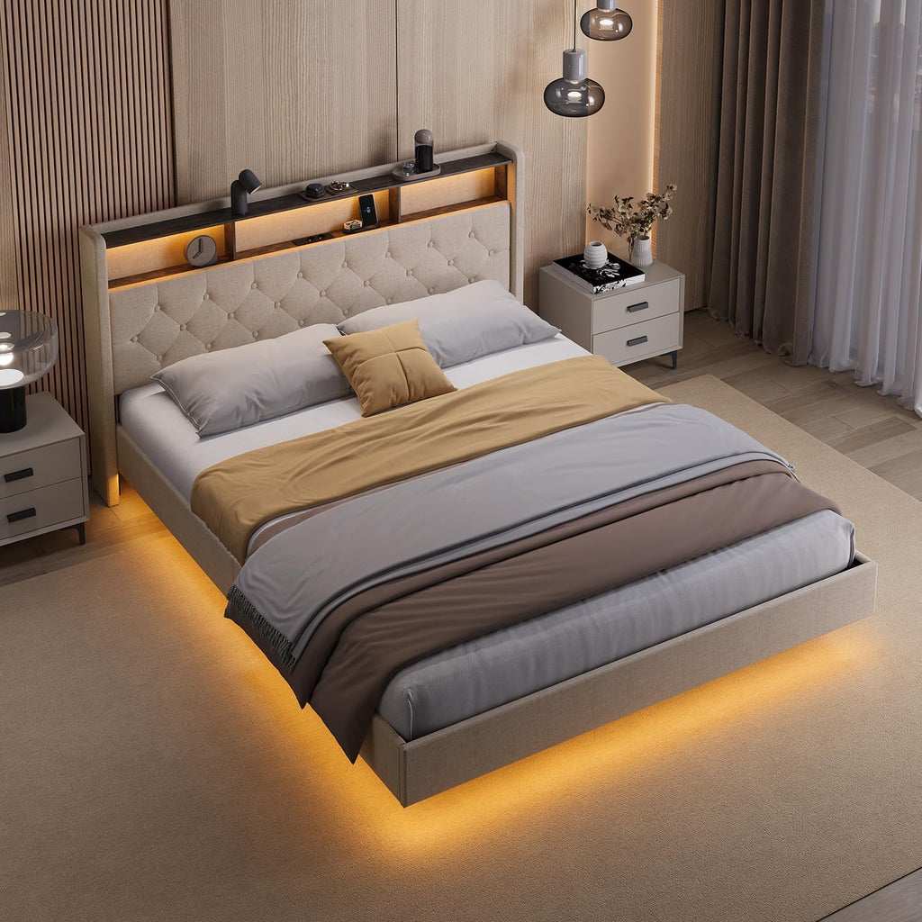 Lit Double 160 x 200 cm avec Éclairage LED & Prise Intégrée – Tête de Lit Capitonnée avec Rangement – Effet Flottant – Beige