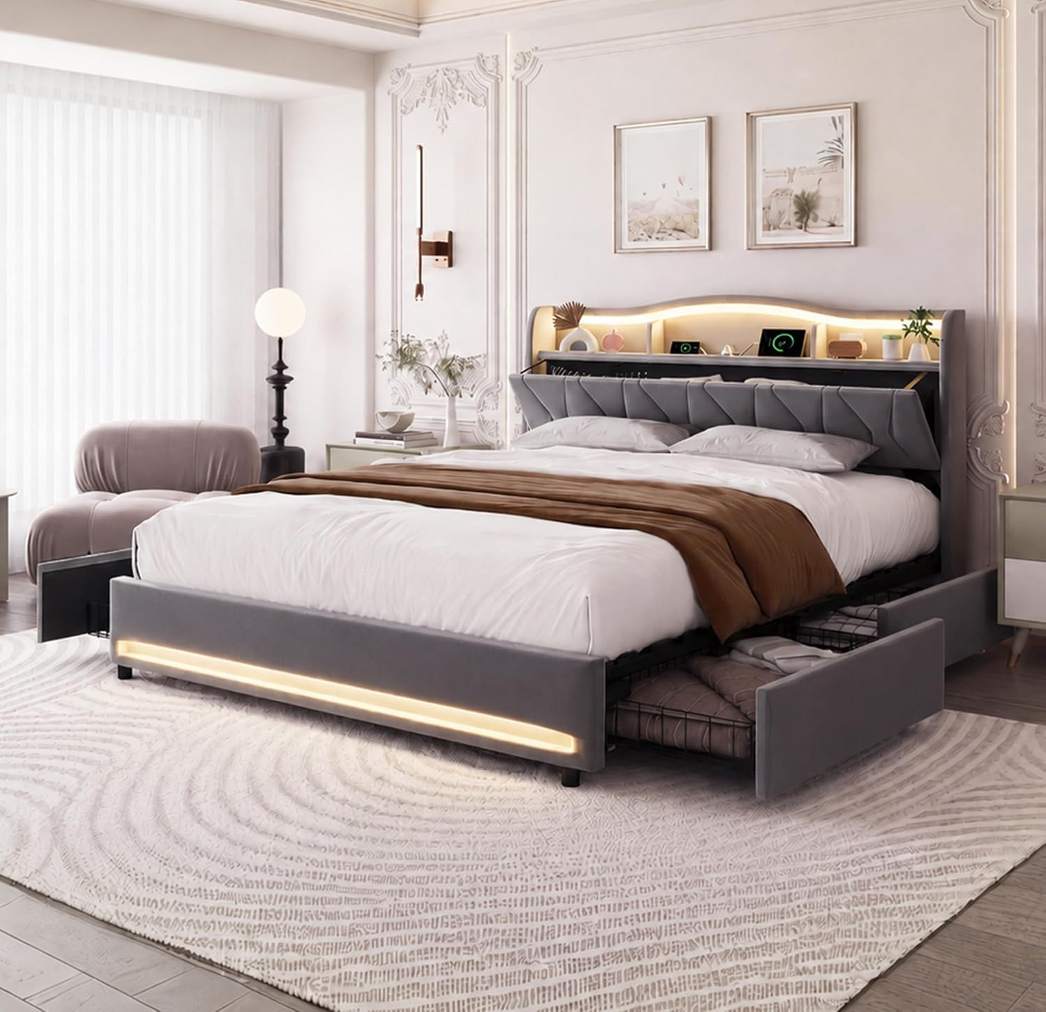 Lit Double 140x200 cm – 4 Tiroirs de Rangement, Éclairage LED +6000 Couleurs & Tête de Lit Réglable en PU