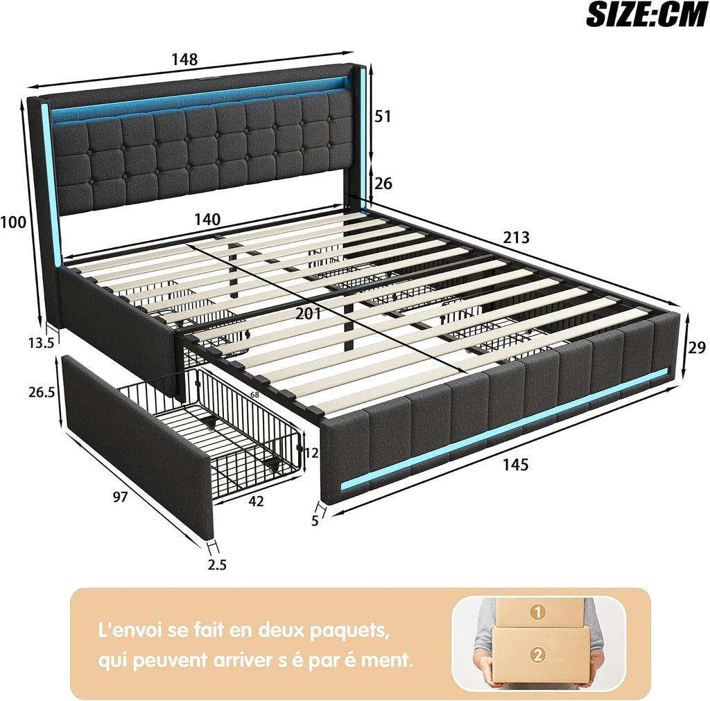 Lit Double 140x200 cm – 4 Tiroirs de Rangement, Éclairage LED +6000 Couleurs & Tête de Lit Réglable en PU