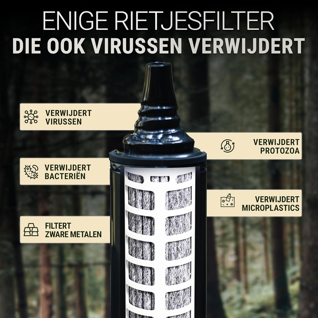 Straw Waterfilter Outdoor Survival – Ultralichte Prepper Apparatuur Levert tot 500 L vers drinkwater voor elke noodsituatie, incl. slang, duurzaam gebouwd, Zwart