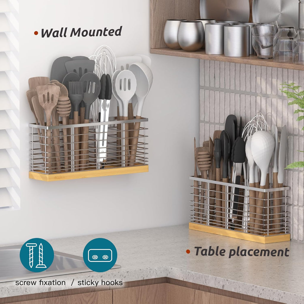 Porte-Ustensiles Suli 4 Compartiments – Métal Noir Mat & Base Bois, 40 x 11 cm, Style Rustique