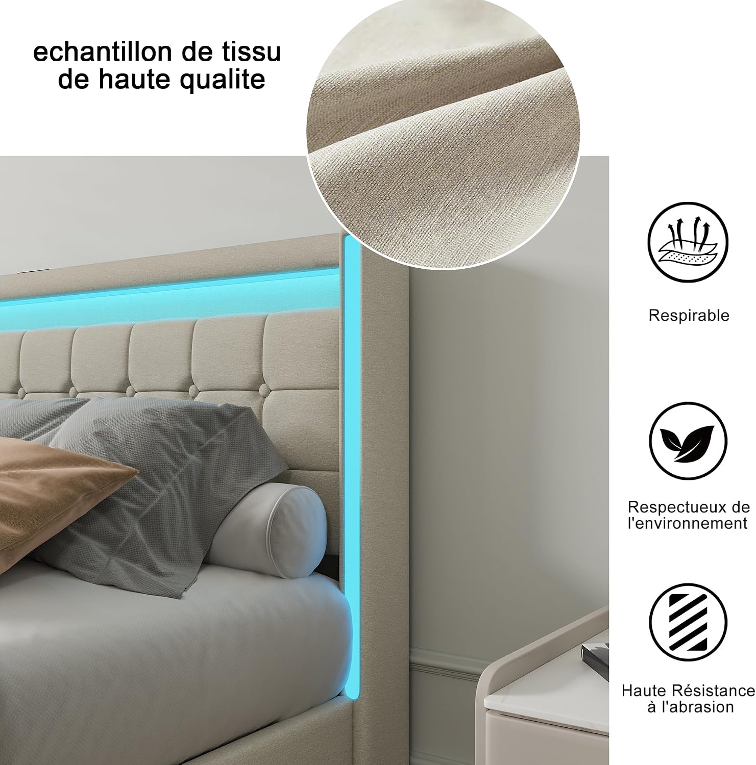 Lit Double 140x200 cm – 4 Tiroirs de Rangement, Éclairage LED +6000 Couleurs & Tête de Lit Réglable en PU