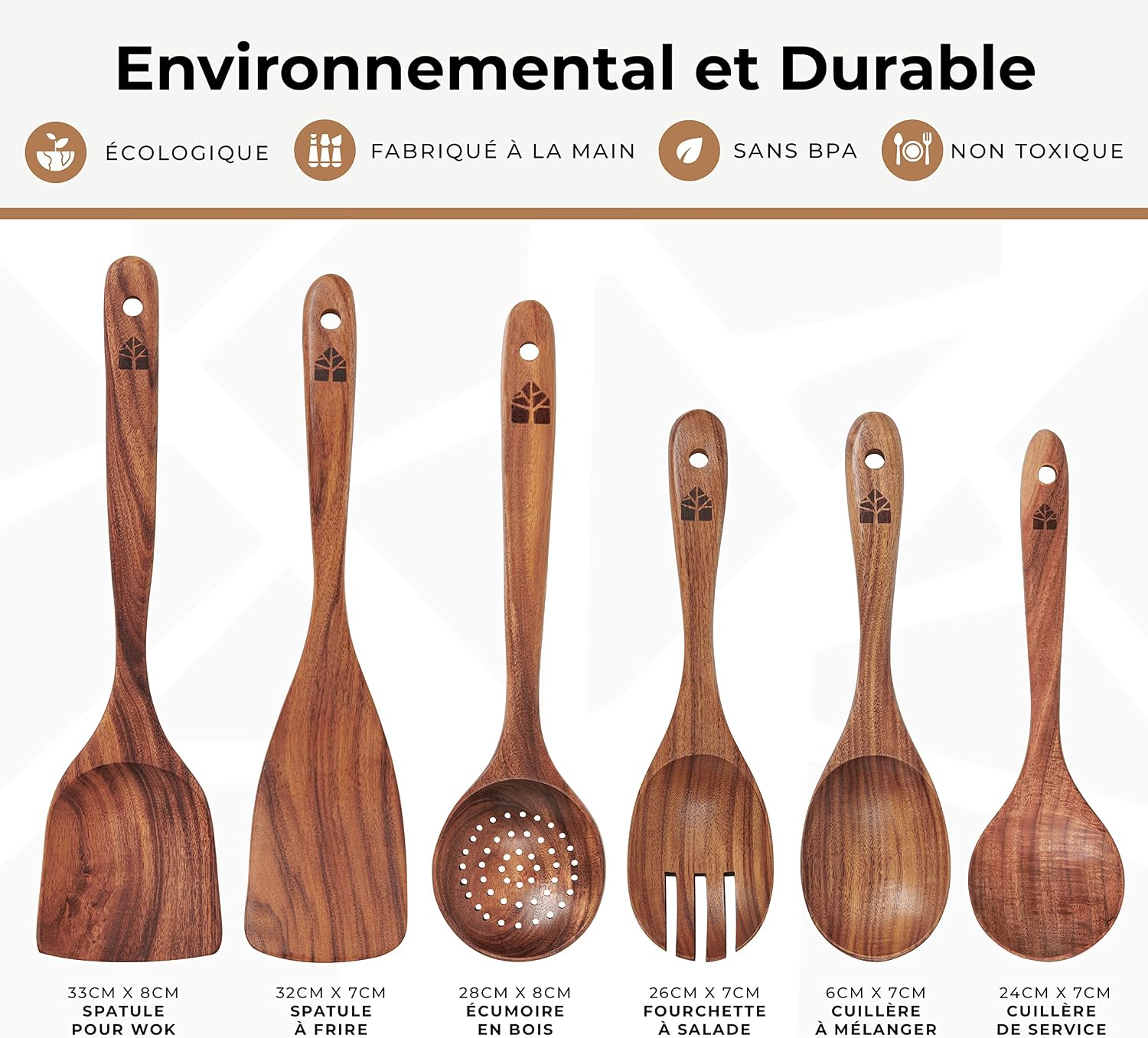 Set d'Ustensiles de Cuisine en Bois de Teck 10 Pièces — Anti-rayures, Sans BPA