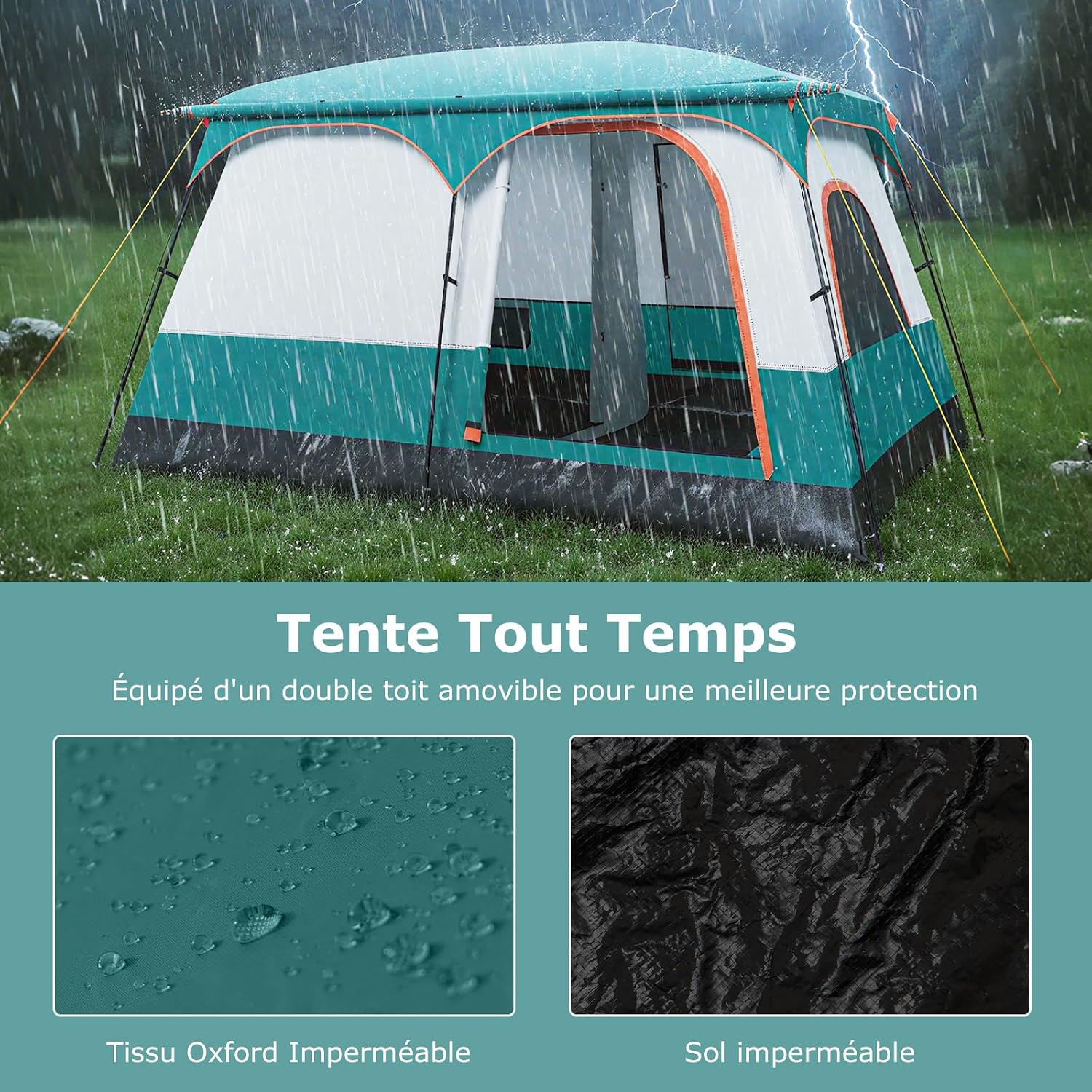 GYMAX Grote campingtent met luifel, 2 aparte slaapkamers, dakraam, afneembaar regenzeil, deuren en ramen, oprolbaar, voor buiten, concerten, picknick