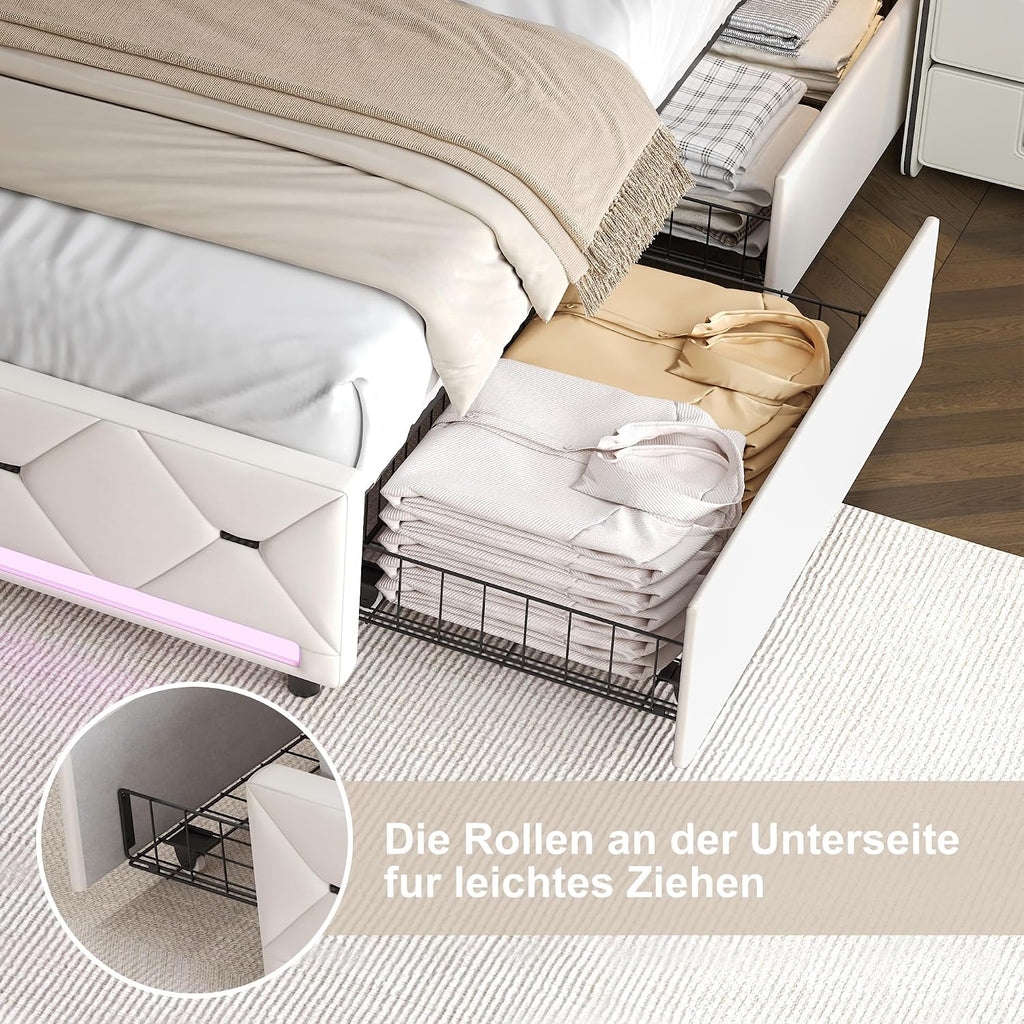 Lit Double 140x200 cm – 4 Tiroirs de Rangement, Éclairage LED +6000 Couleurs & Tête de Lit Réglable en PU