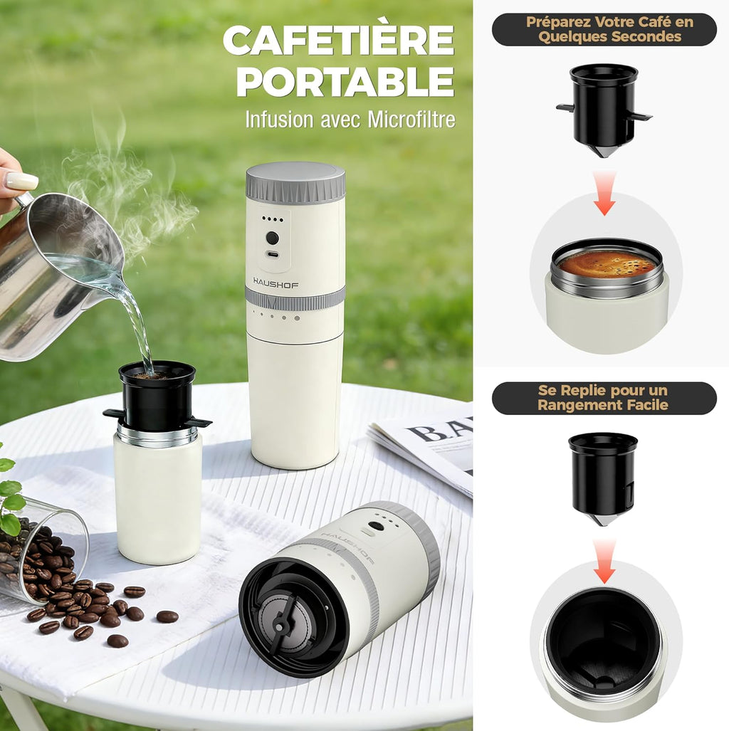 HAUSHOF Draagbare alles-in-één koffiezetapparaat met geïntegreerde molen, 5 maalinstellingen, USB-C oplaadbaar, 300 ml, ideaal voor reizen en kamperen, zwart