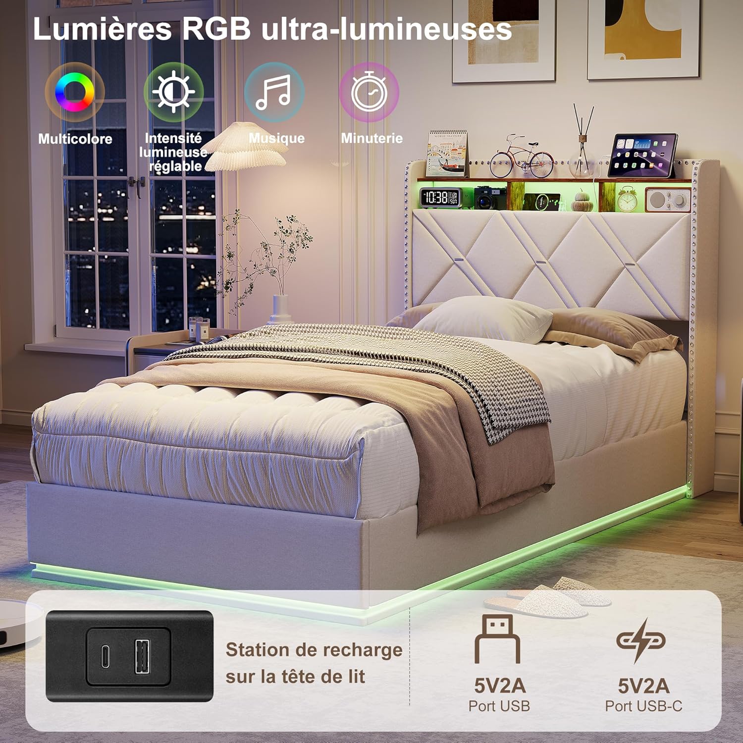Lit Coffre LED RGB & Port USB | Rangement Hydraulique | Tête de Lit Rembourrée avec Étagères | 90 à 160 x 200 cm