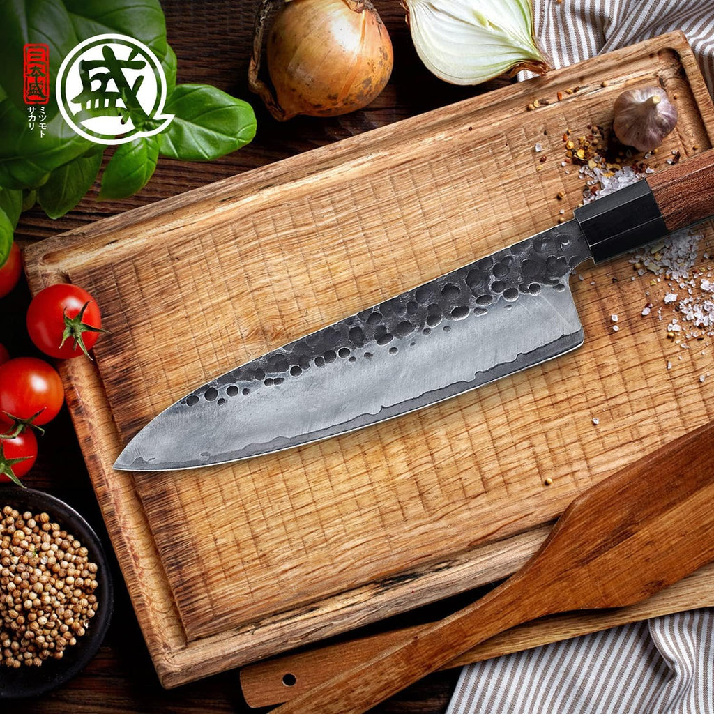 Couteau Gyuto Japonais MITSUMOTO SAKARI 22 cm – Forgé Main, Acier Haute Carbone, Bois de Rose