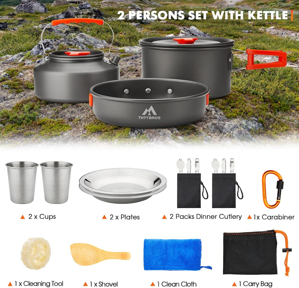THTYBROS 17-delig kampeerkookgerei van hard geanodiseerd aluminium met 2 kopjes, borden, bestek voor wandelen, picknick