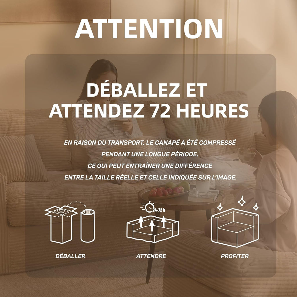 Canapé d'angle modulable Litbird – 3 places + pouf – Velours côtelé beige – Sans montage