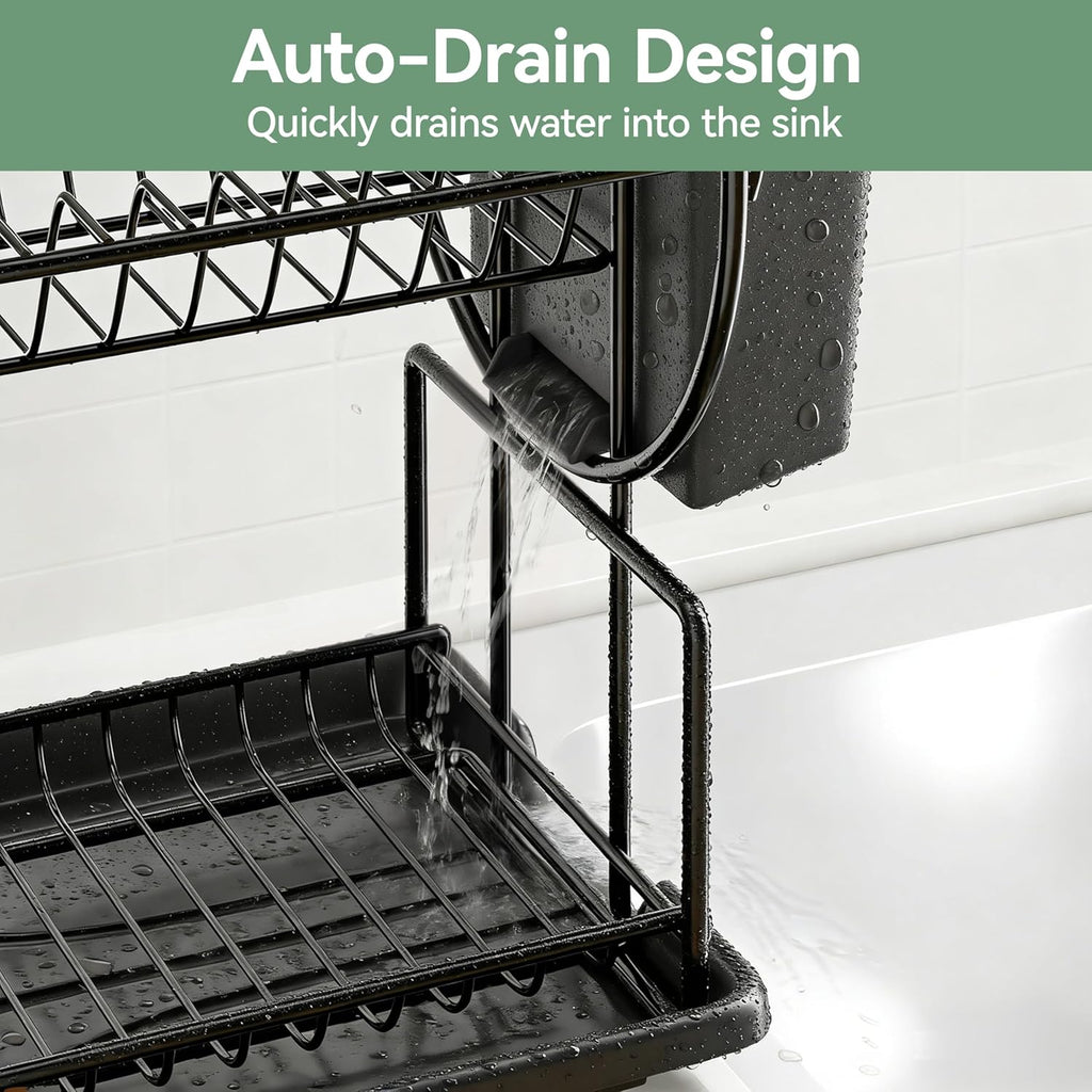 Égouttoir à Vaisselle 2 Niveaux Noir – Inox, Bac Drainage Auto, Porte-ustensiles
