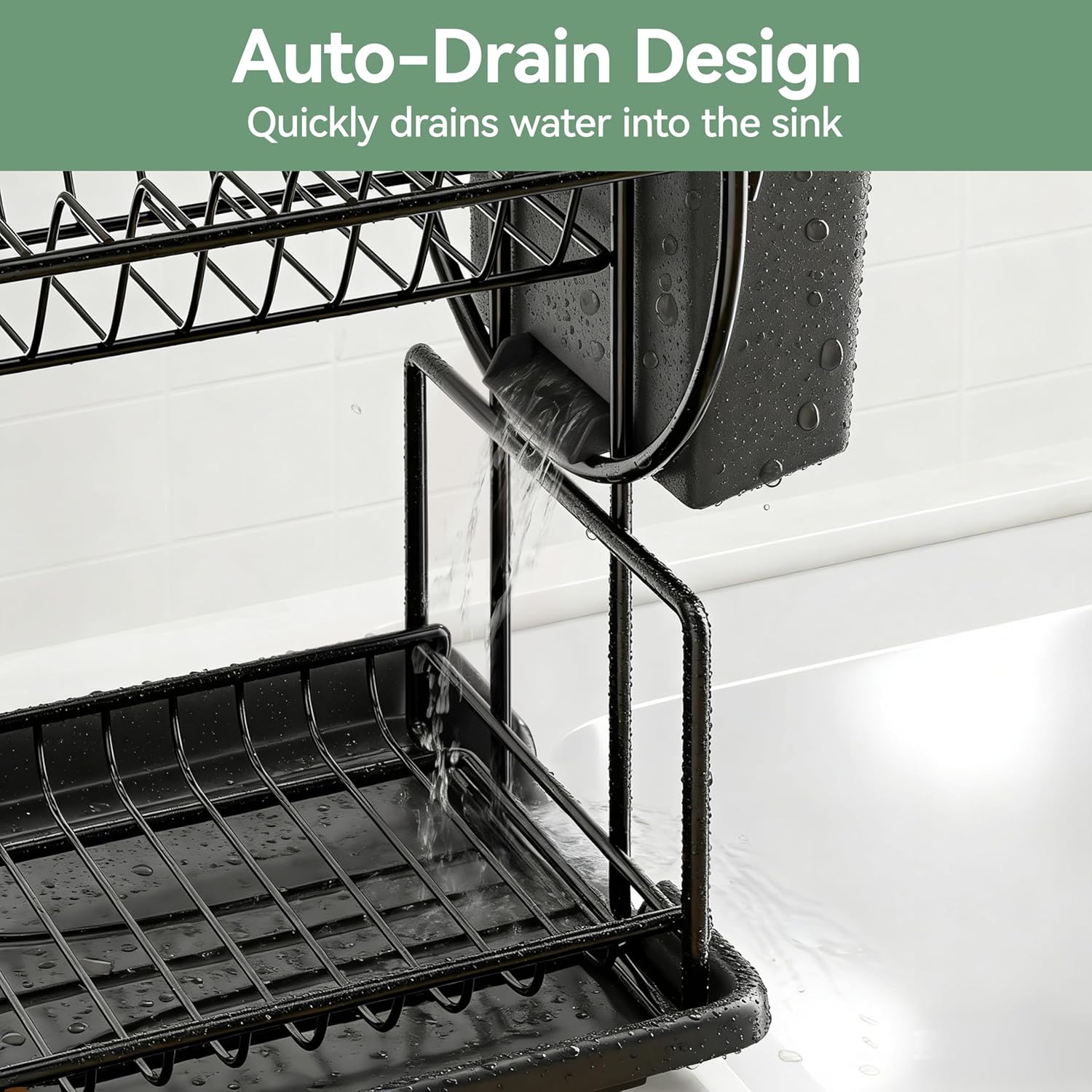 Égouttoir à Vaisselle 2 Niveaux Noir – Inox, Bac Drainage Auto, Porte-ustensiles