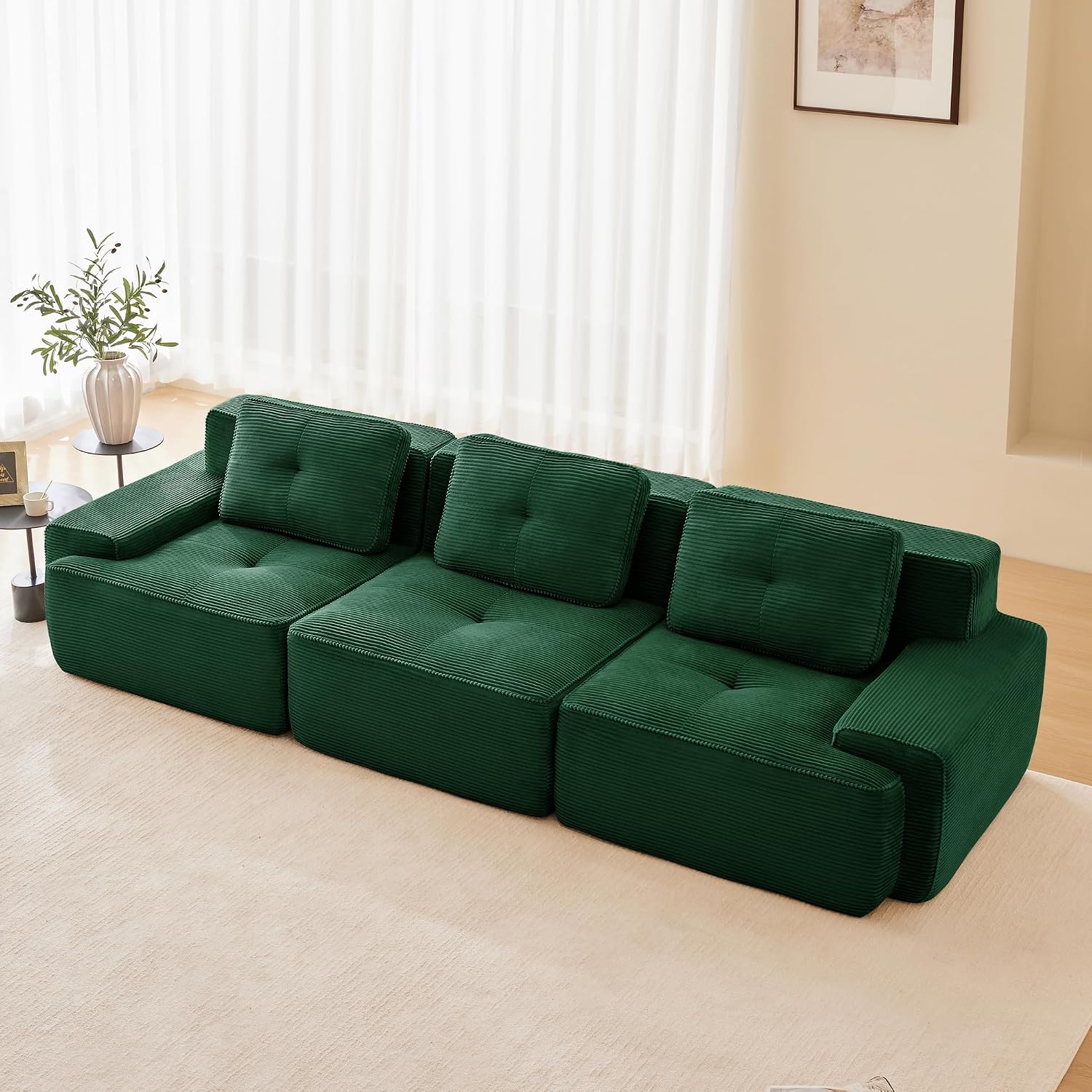 Canapé modulable en L Bladez – 3+1 places – Tissu côtelé kaki clair – Assise profonde