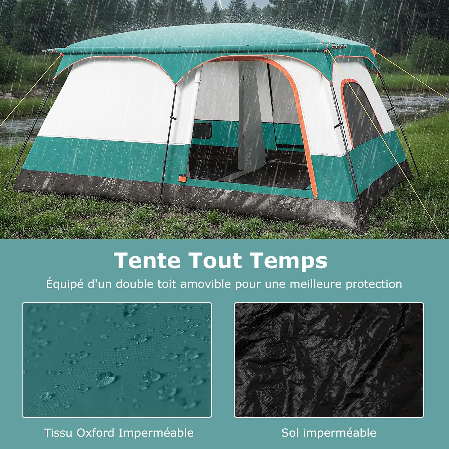 GYMAX Grote campingtent met luifel, 2 aparte slaapkamers, dakraam, afneembaar regenzeil, deuren en ramen, oprolbaar, voor buiten, concerten, picknick