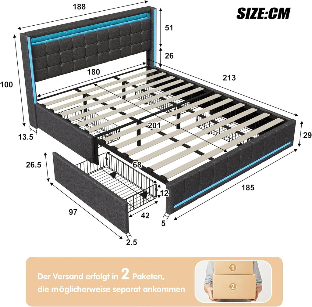 Lit Coffre Capitonné 140 x 200 cm – Tête de Lit Hydraulique & Sommier à Lattes – Flanelle Blanc Cassé