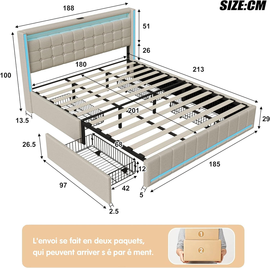 Lit Coffre Capitonné 140 x 200 cm – Tête de Lit Hydraulique & Sommier à Lattes – Flanelle Blanc Cassé