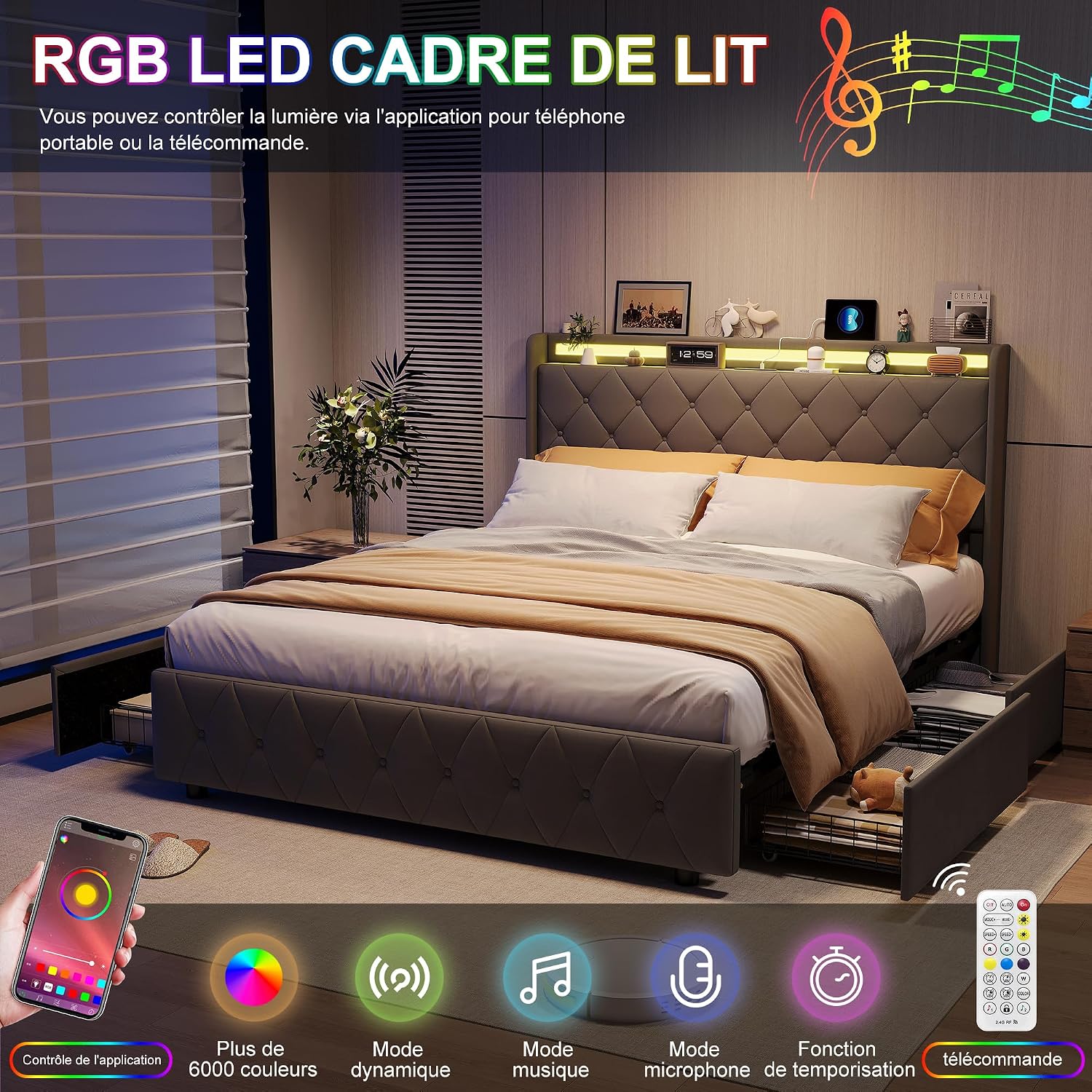 Lit Double 140x200 cm – 4 Tiroirs de Rangement, Éclairage LED +6000 Couleurs & Tête de Lit Réglable en PU