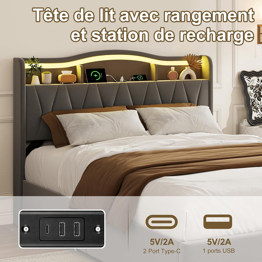 Lit Double 140x200 cm – 4 Tiroirs de Rangement, Éclairage LED +6000 Couleurs & Tête de Lit Réglable en PU