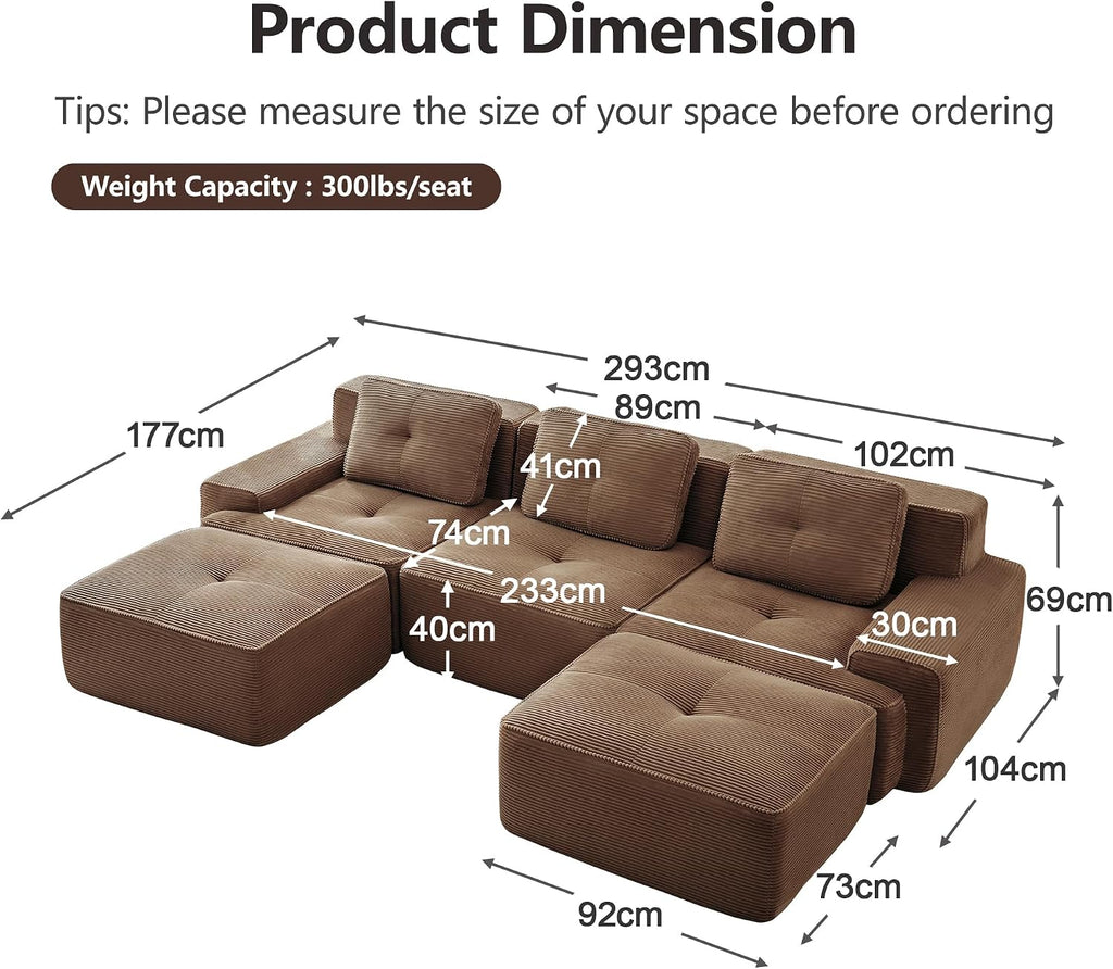 Canapé modulable en L Bladez – 3+1 places – Tissu côtelé kaki clair – Assise profonde