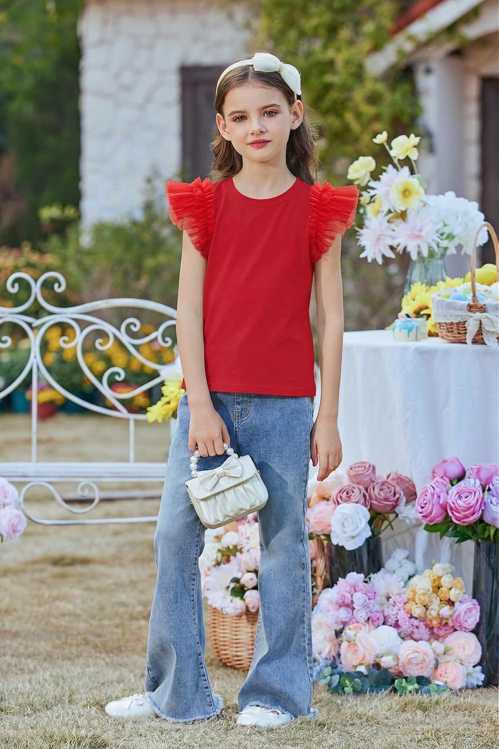 Arshiner T-shirt met kanten mouwen voor meisjes, zomertop, ronde hals, korte mouwen, casual, effen, 5-14 jaar