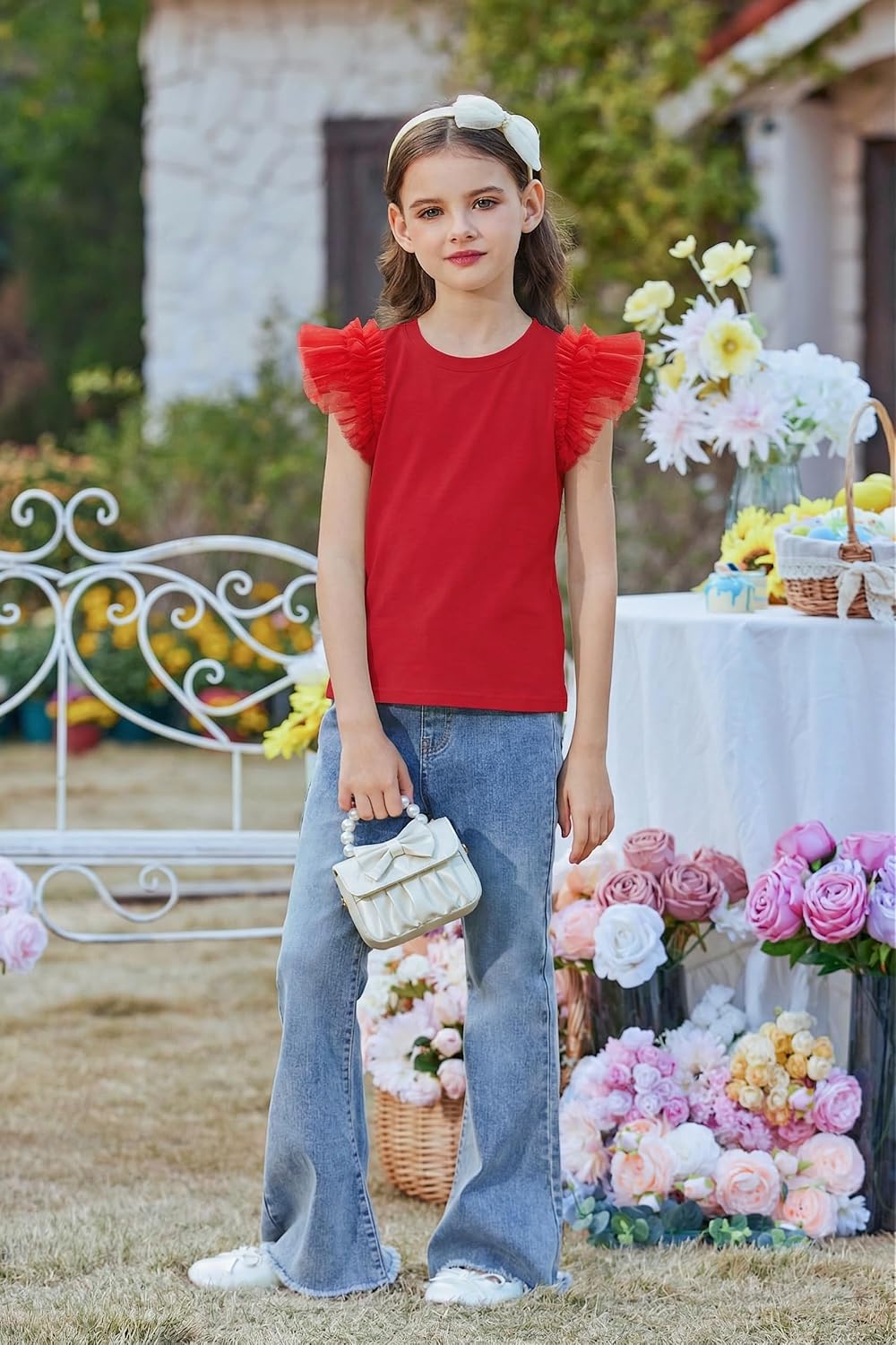 Arshiner T-shirt met kanten mouwen voor meisjes, zomertop, ronde hals, korte mouwen, casual, effen, 5-14 jaar