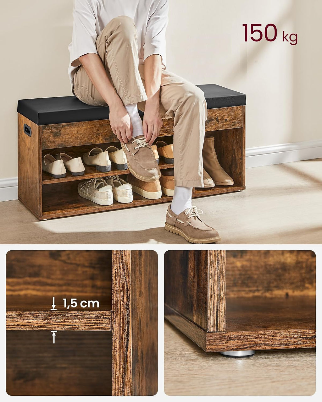 Banc à Chaussures Rembourré VASAGLE – Rangement 3 Compartiments, Style Vintage, 80 cm