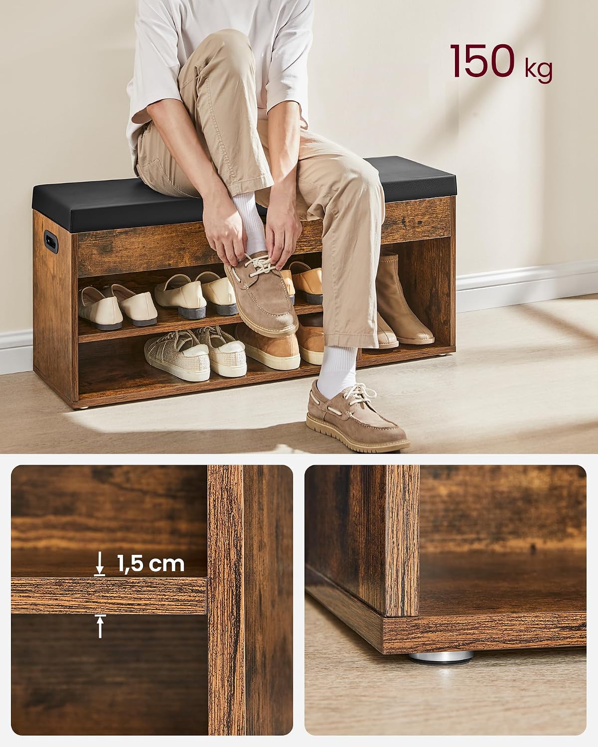 Banc à Chaussures Rembourré VASAGLE – Rangement 3 Compartiments, Style Vintage, 80 cm