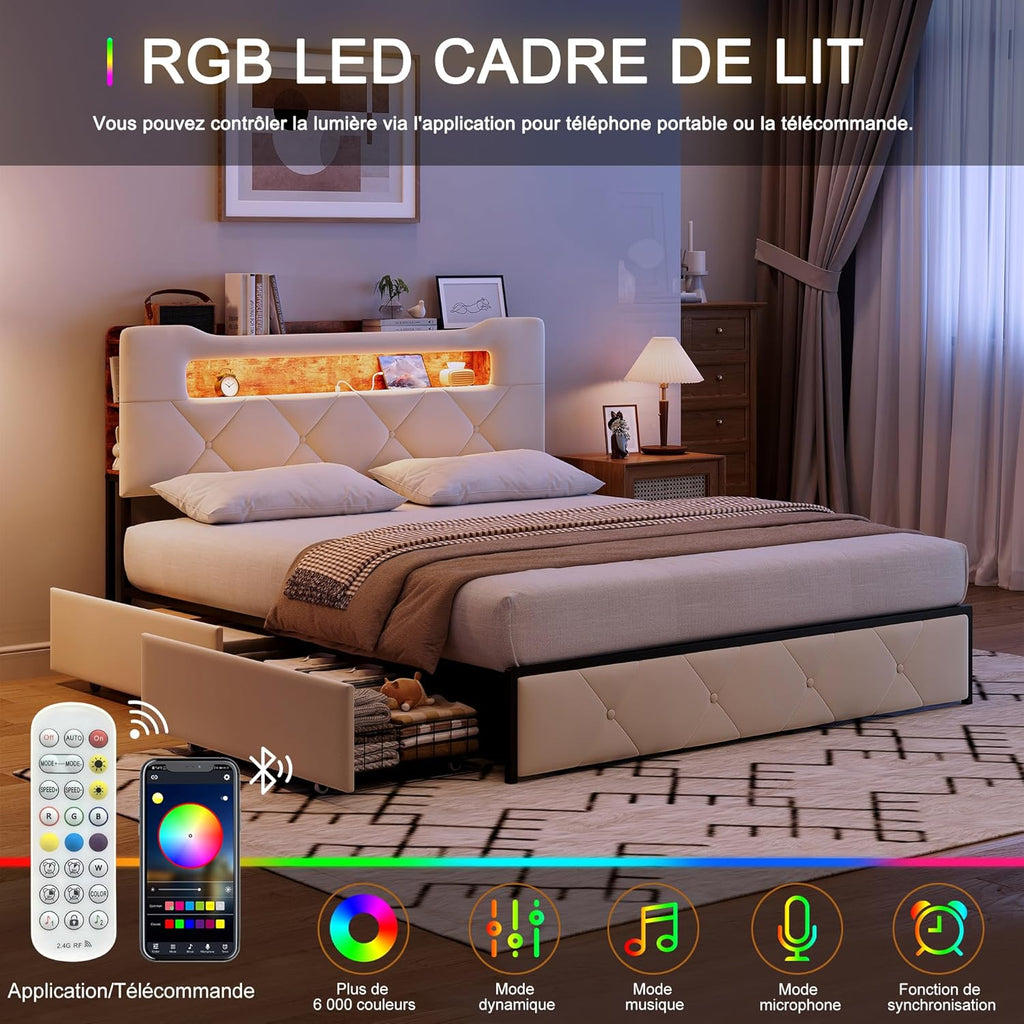 Lit Double 140x200 cm – 4 Tiroirs de Rangement, Éclairage LED +6000 Couleurs & Tête de Lit Réglable en PU