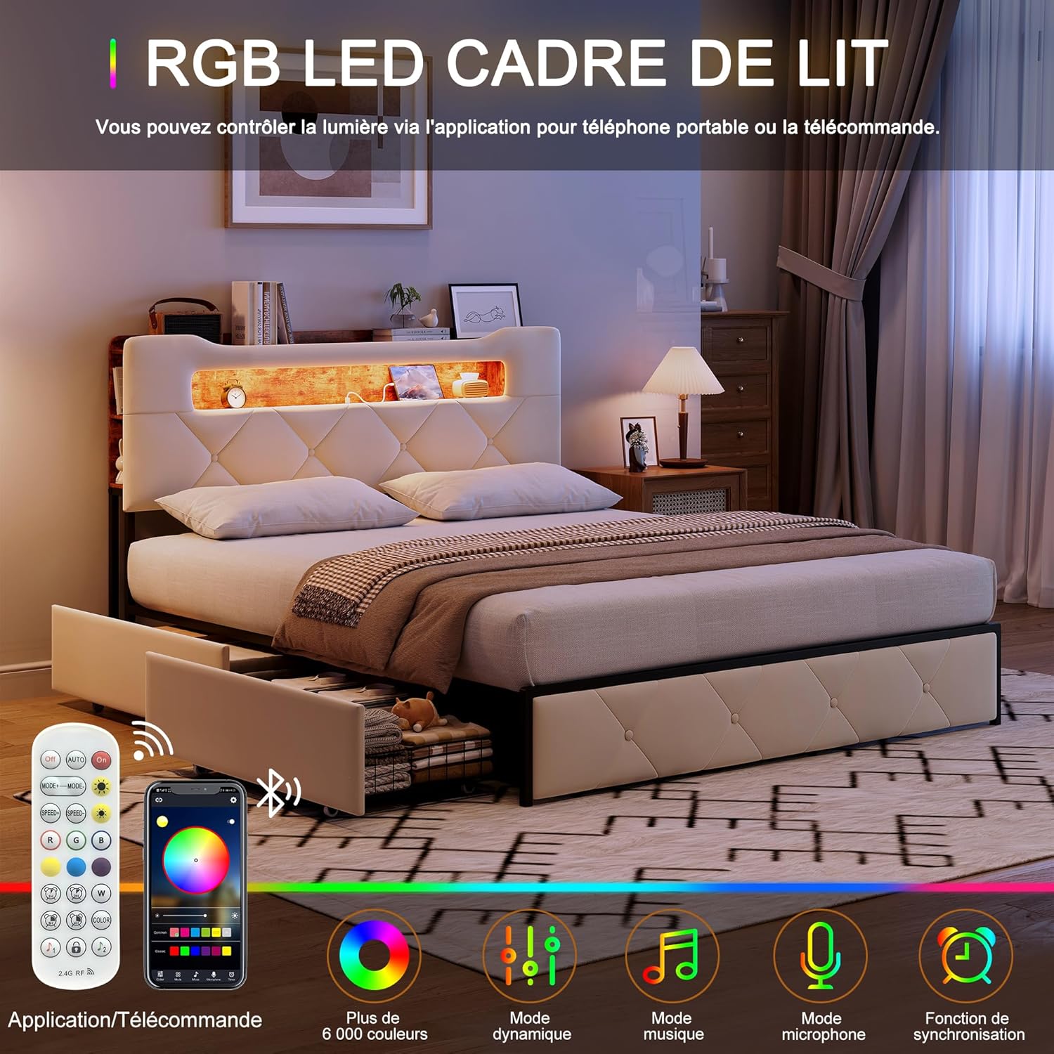Lit Double 140x200 cm – 4 Tiroirs de Rangement, Éclairage LED +6000 Couleurs & Tête de Lit Réglable en PU