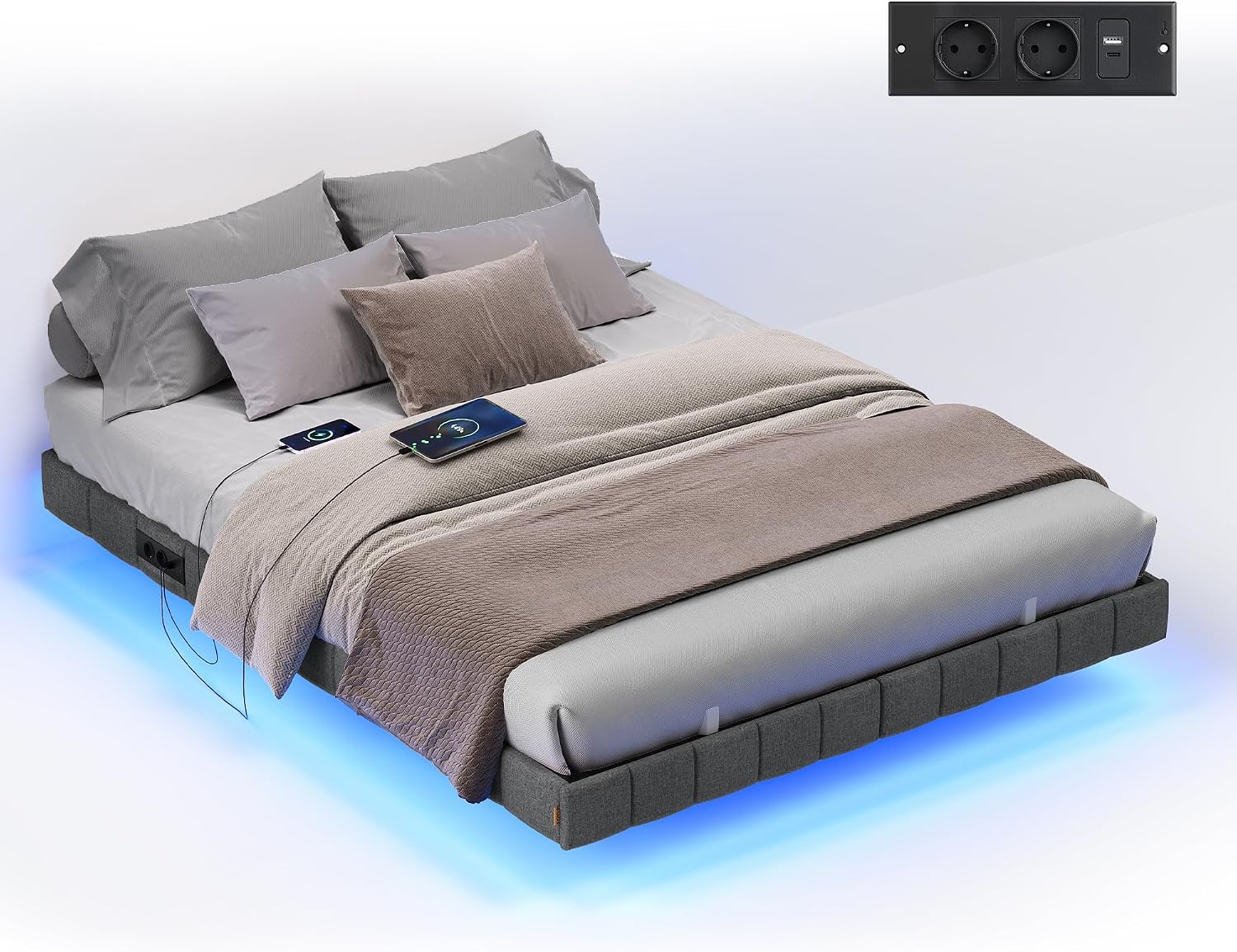 Cadre de Lit 90 x 200 cm avec Lumières LED & Prise Intégrée – Effet Flottant – Gris Ardoise – Charge 250 kg