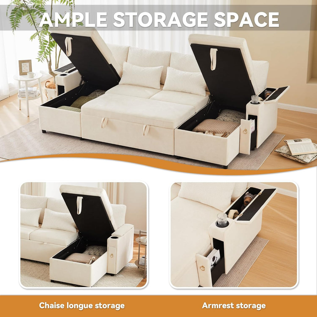 Canapé d'Angle Modulable Cayipng — Velours Vert, Port USB, Rangement