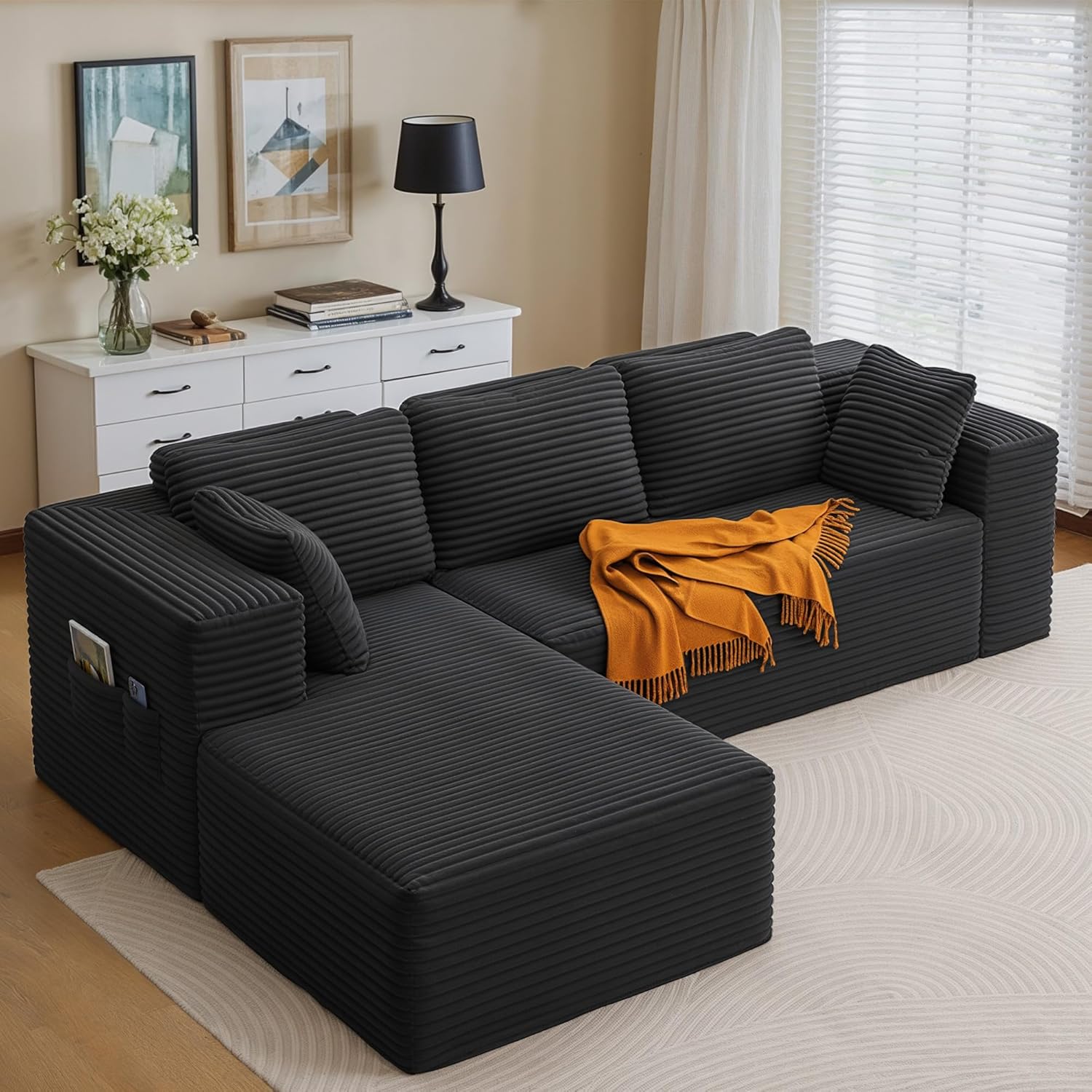Canapé d'angle en L Xbro – 3 places – Méridienne gauche – Tissu côtelé gris foncé