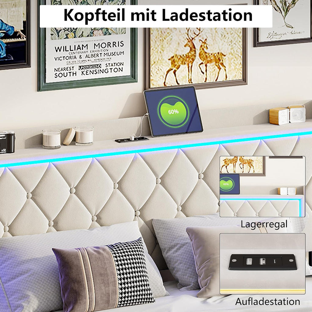 Lit Coffre Capitonné 140 x 200 cm – Tête de Lit Hydraulique & Sommier à Lattes – Flanelle Blanc Cassé