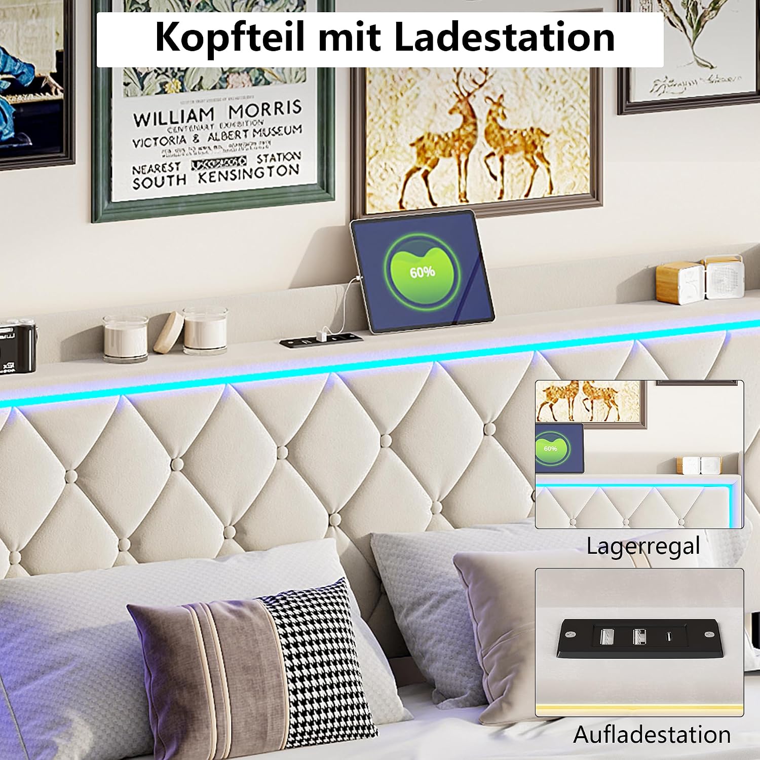 Lit Coffre Capitonné 140 x 200 cm – Tête de Lit Hydraulique & Sommier à Lattes – Flanelle Blanc Cassé