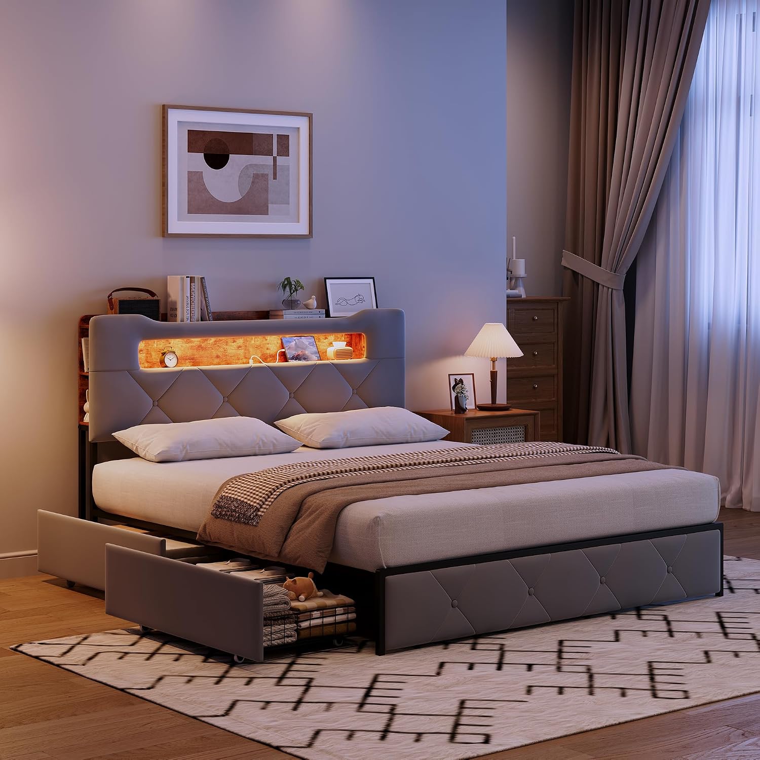 Lit Double 140x200 cm – 4 Tiroirs de Rangement, Éclairage LED +6000 Couleurs & Tête de Lit Réglable en PU